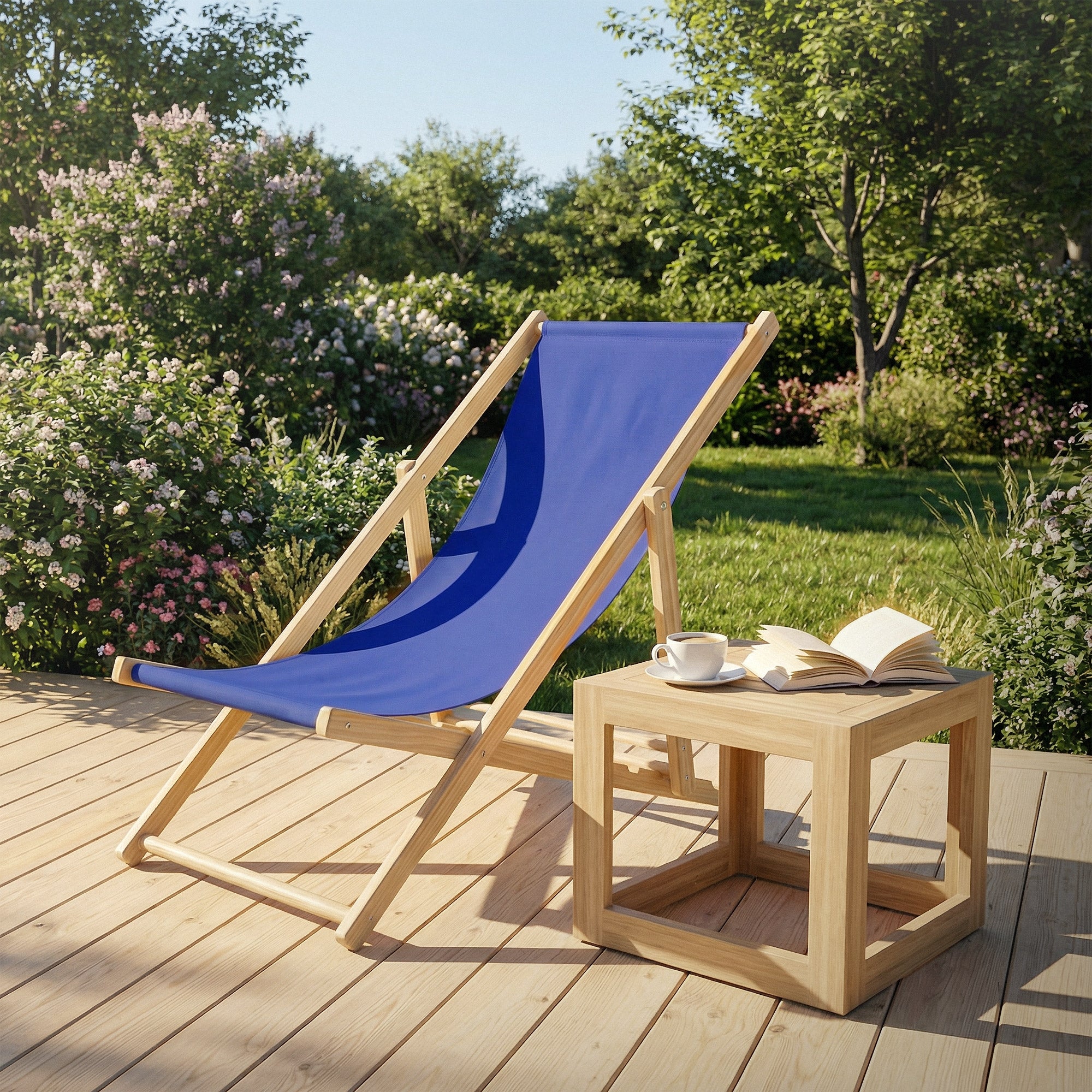 Deck chair with blue upholstery and table on a wooden terrace surrounded by flowers.