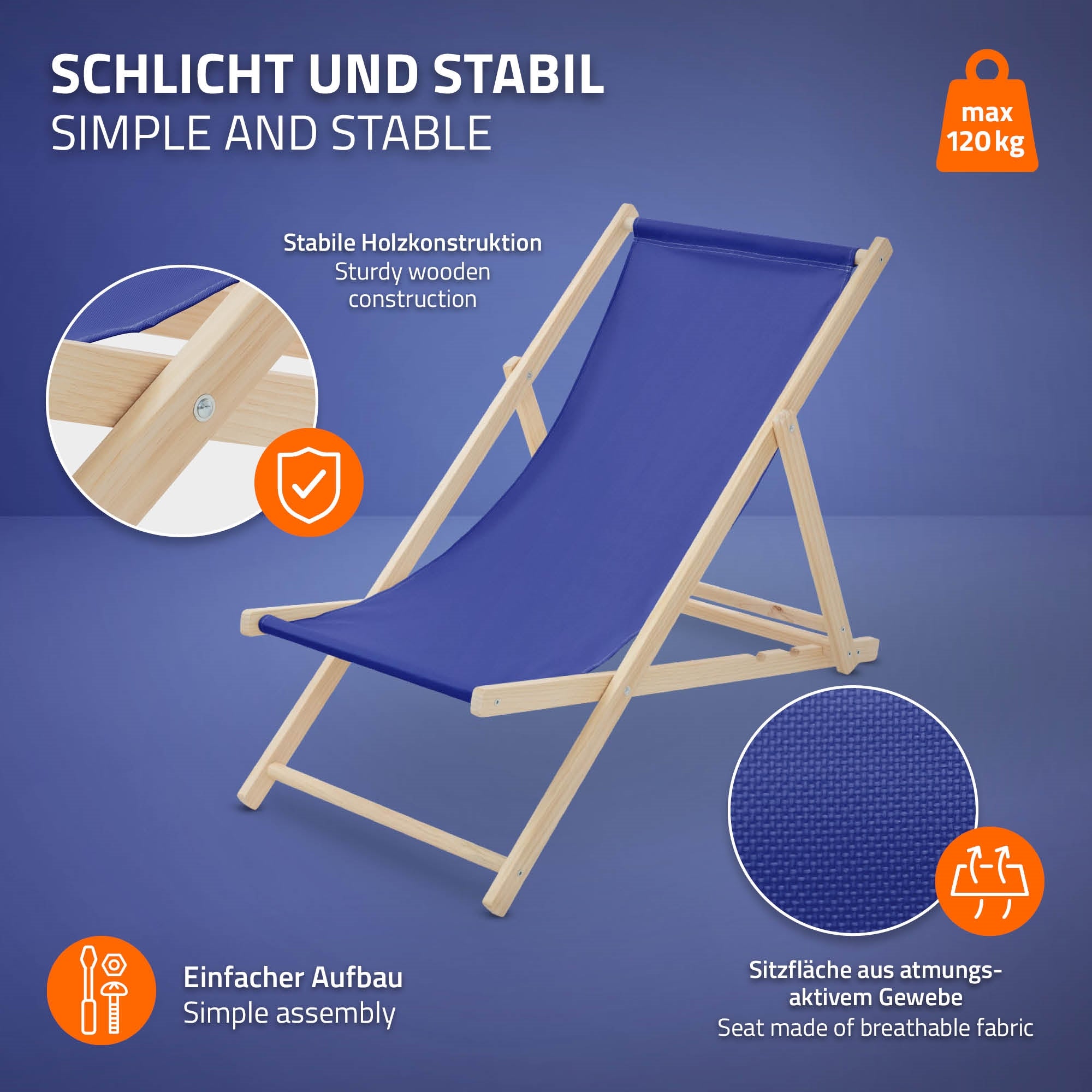 Deck chair with a sturdy wooden structure and blue fabric on a purple background.