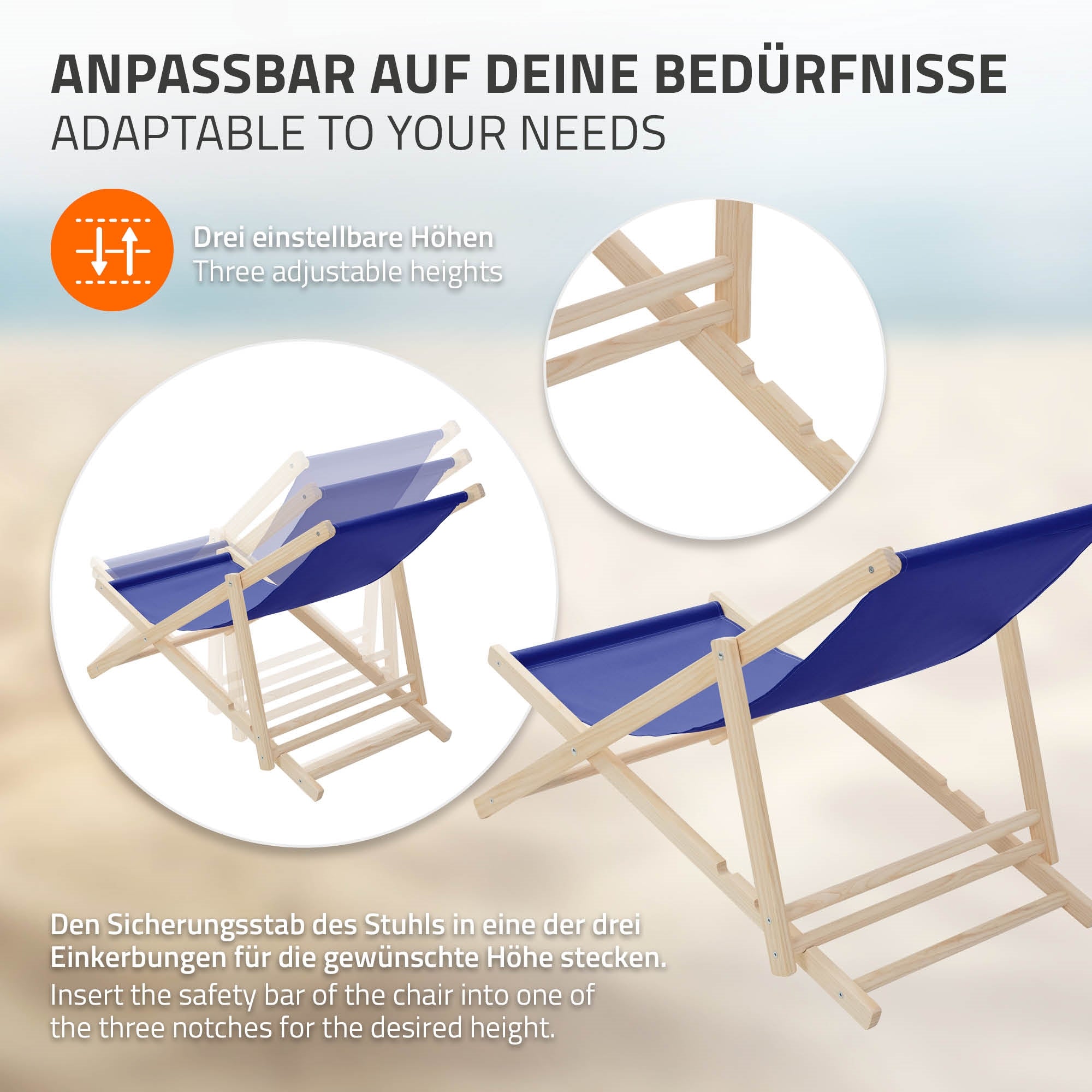 Wooden lounger with three adjustable heights.