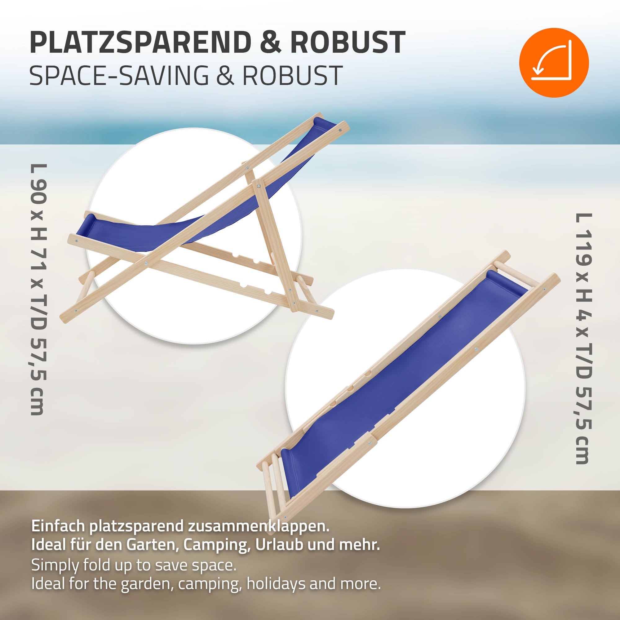 Two loungers in blue and yellow, foldable, with dimensions and usage instructions.