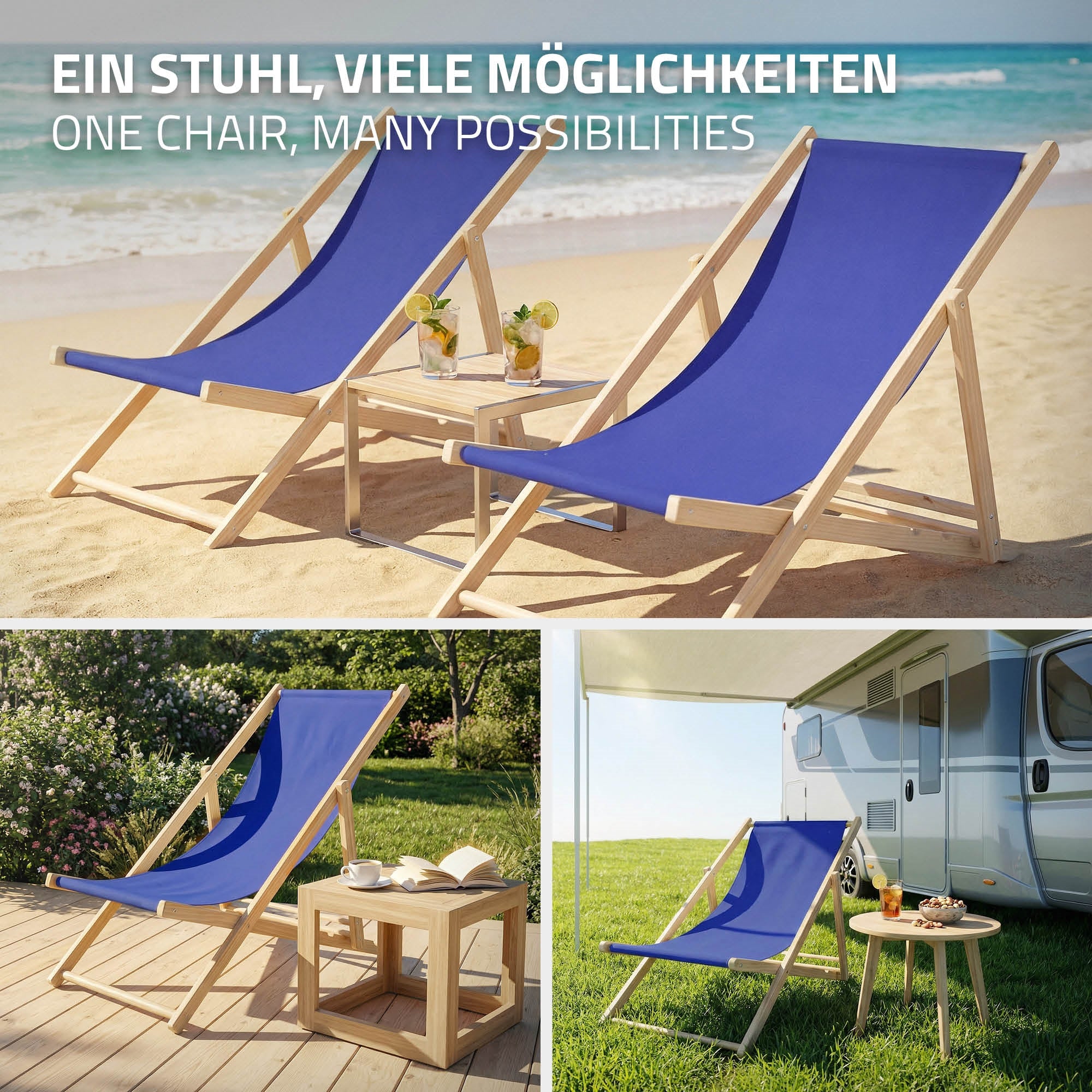 Three blue deck chairs on the beach with a table.