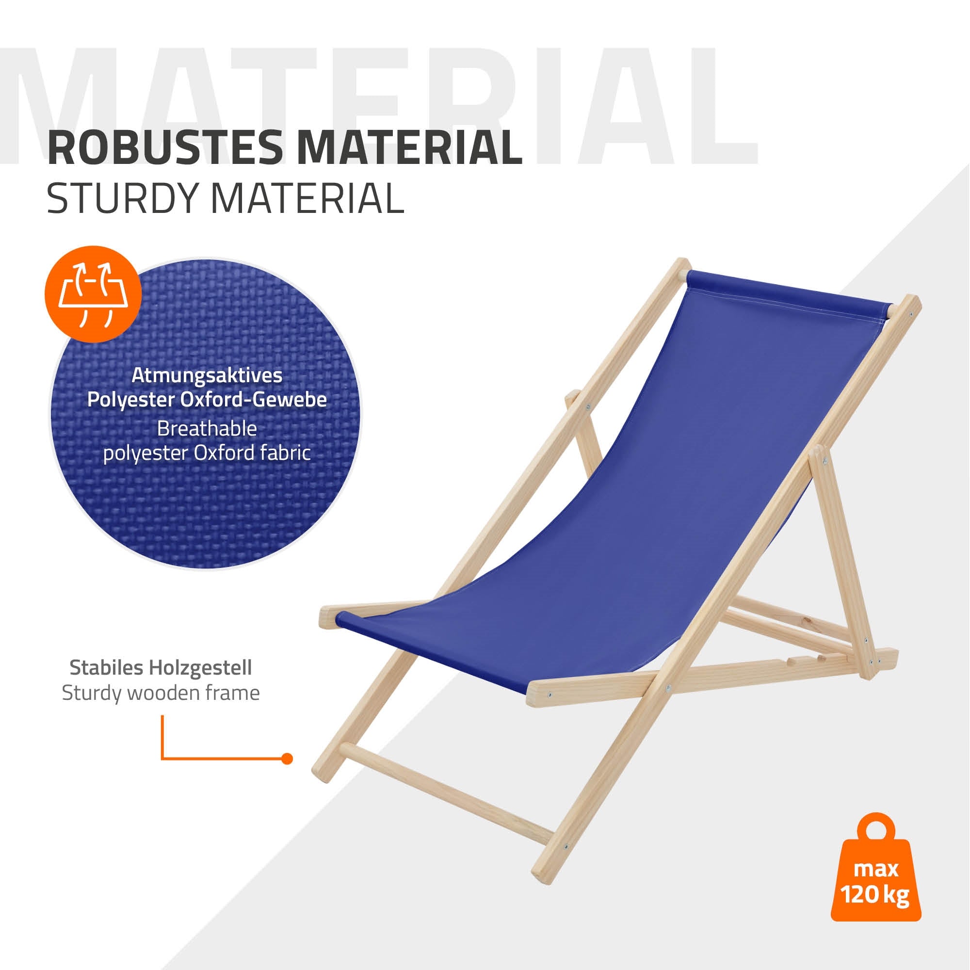 Blue deck chair made of breathable material with a wooden frame.