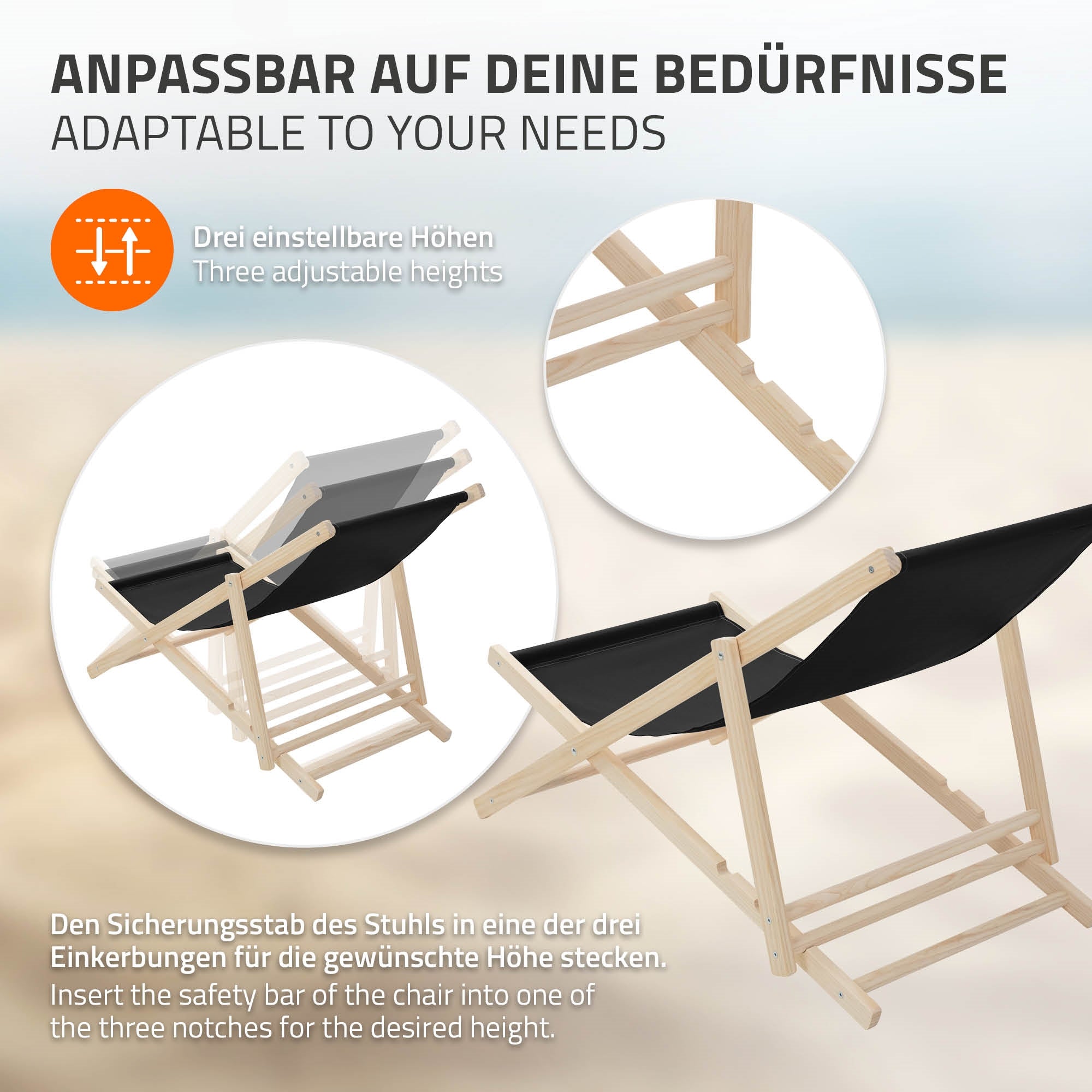 Houten stoel met zwarte stof, drie instelbare hoogtes en veiligheidsstang.