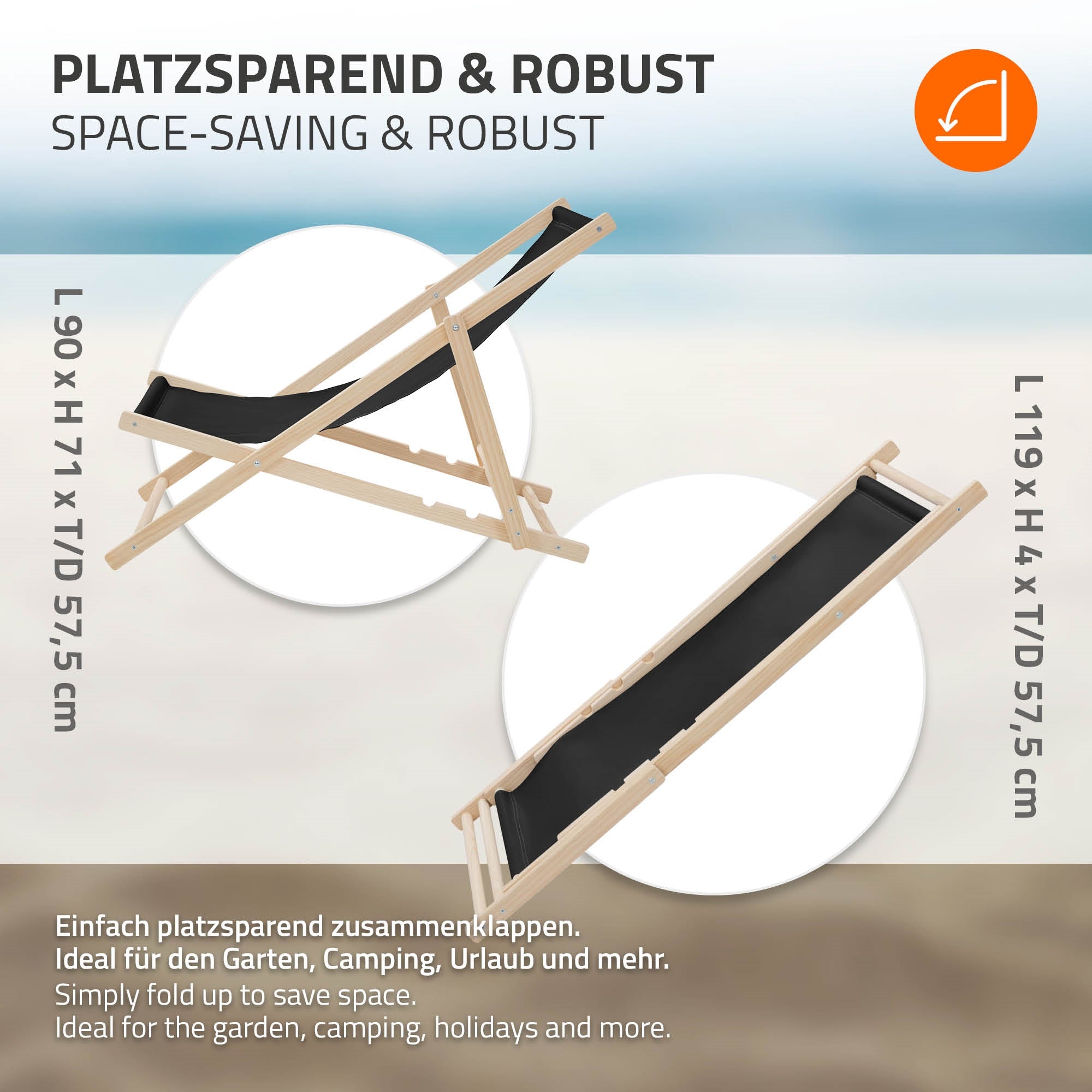 Houten ligstoel met zwarte stof, opgesteld op het strand.
