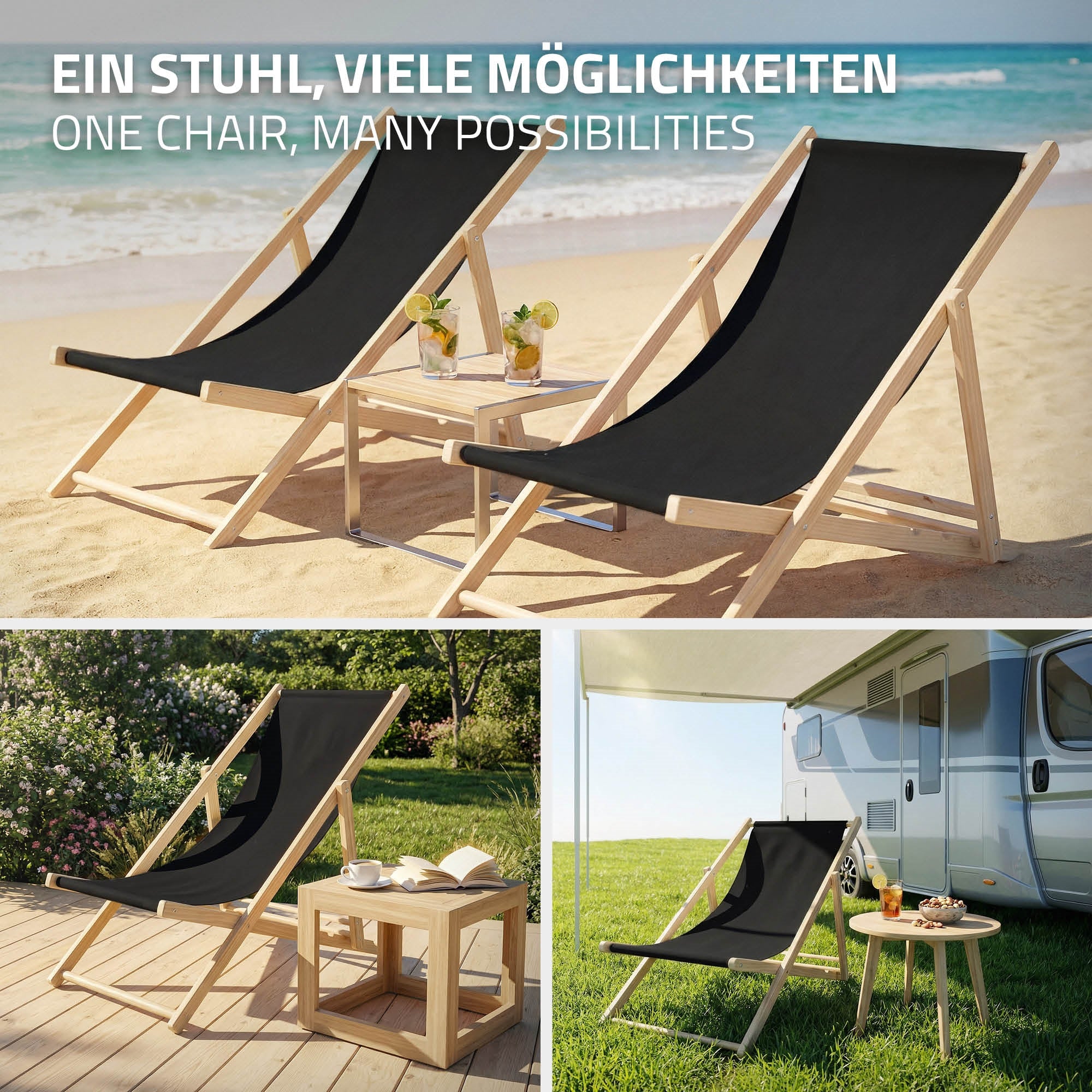 Drie zwarte ligstoelen op het strand met drankjes op een tafel.