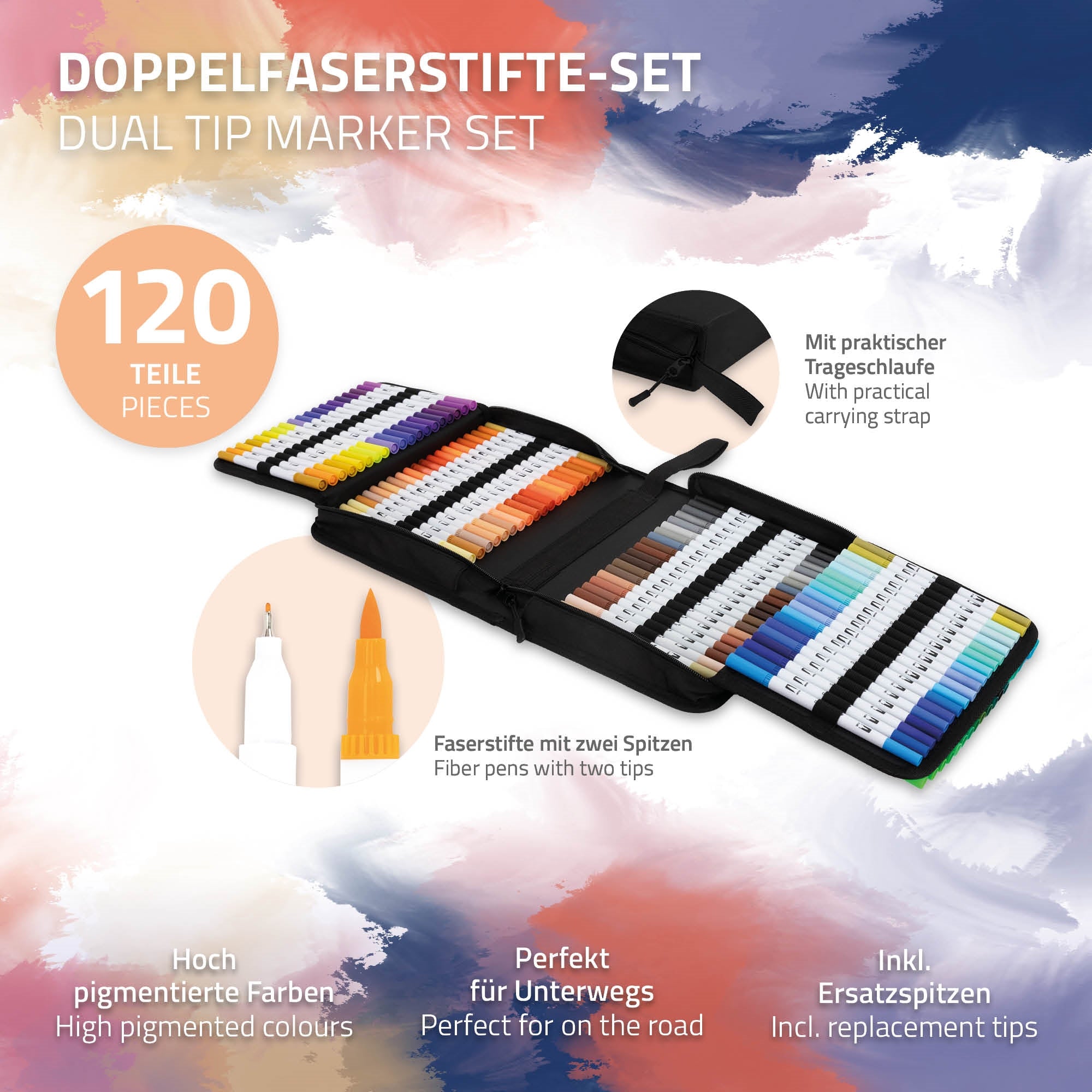 Set of double-ended fiber pens in various colors, 120 pieces, with carrying strap.