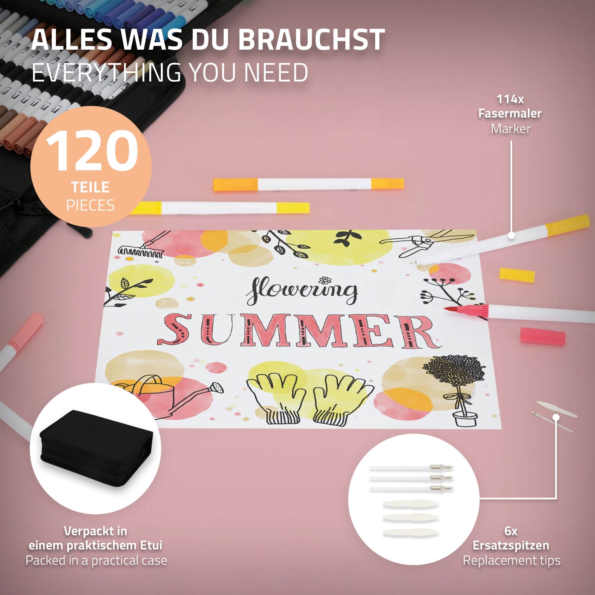 Praktisches Etui mit 120 Teilen, inklusive Marker und Ersatzspitzen.