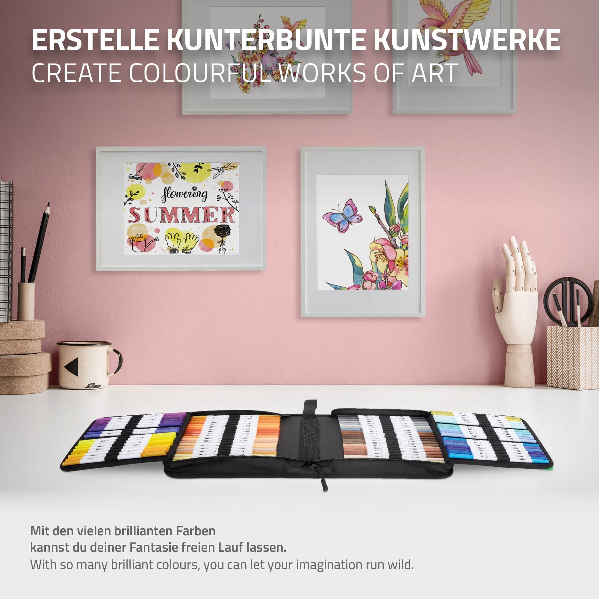 Ein offenes Etui mit vielen bunten Stiften auf einem Tisch.