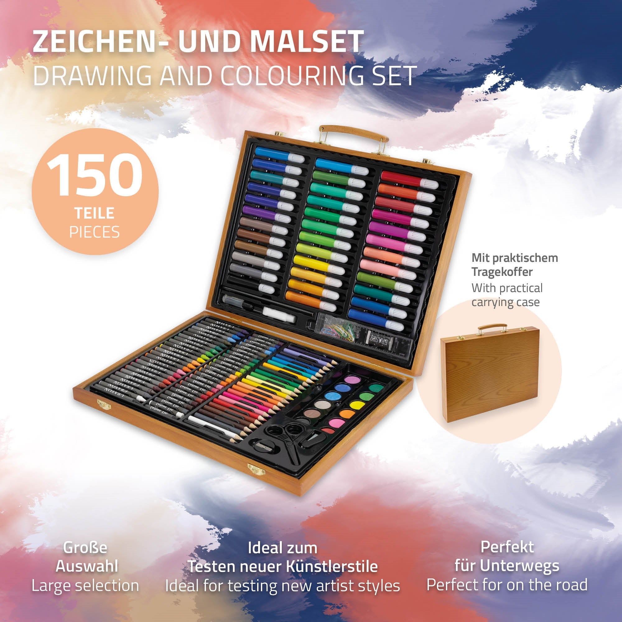 A drawing and painting set with 150 pieces in a wooden carrying case.