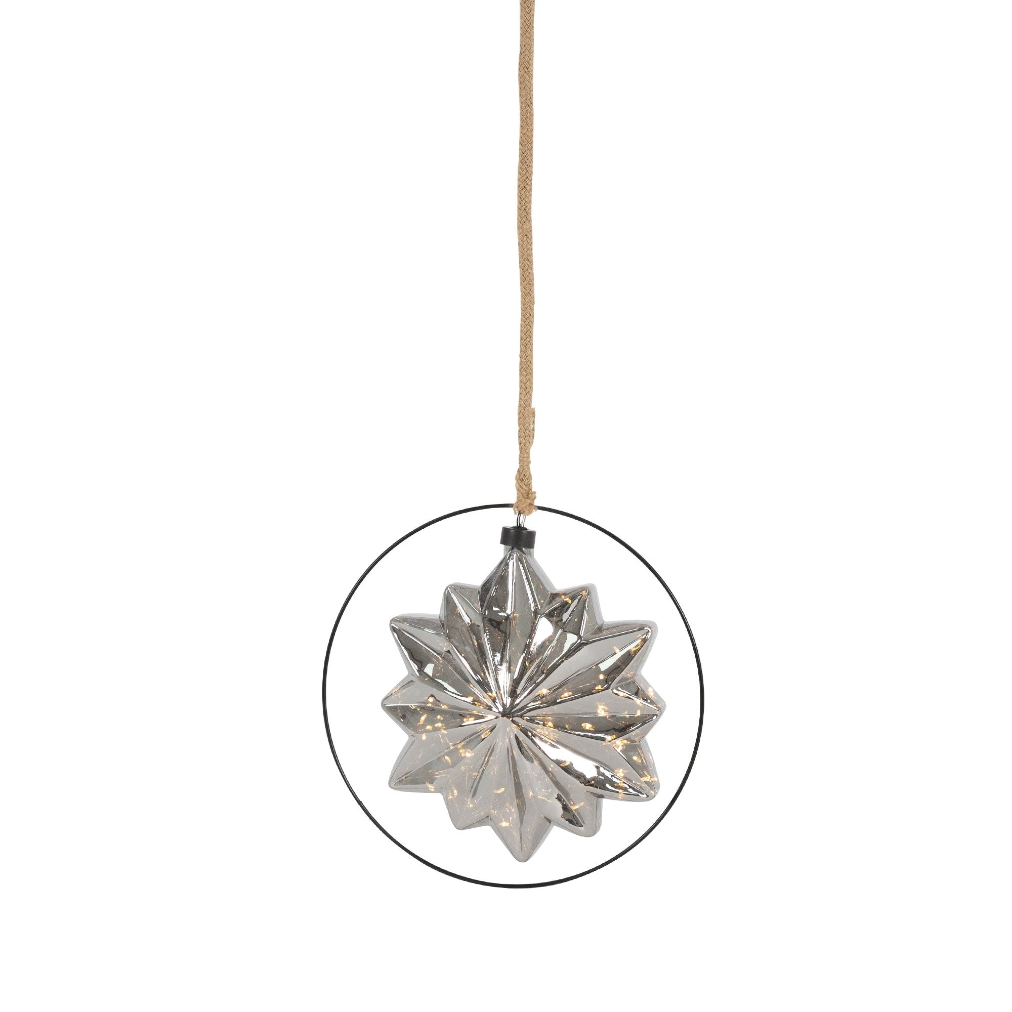 Hanging silver star decoration with lights.