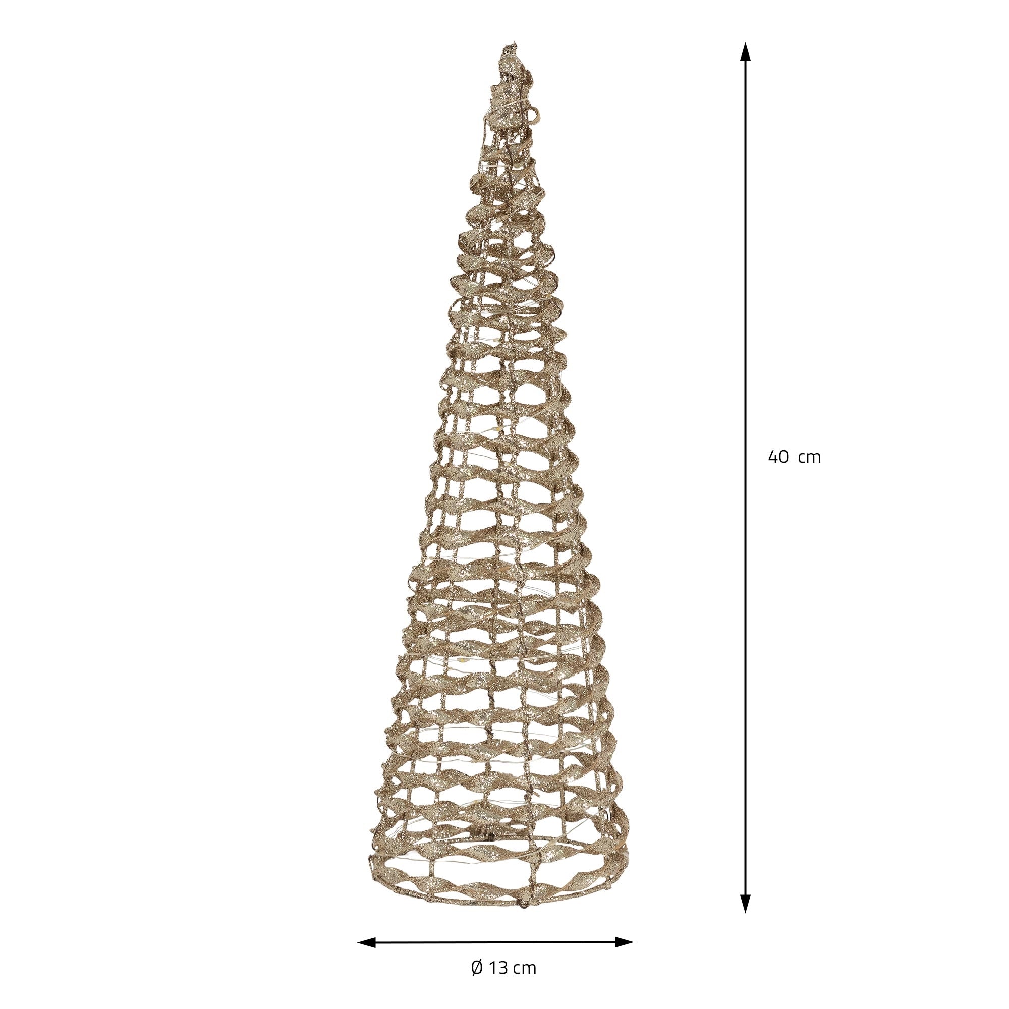 Et dekorativt, spiralformet juletræ lavet af flettet materiale, 40 cm højt og 13 cm bredt.