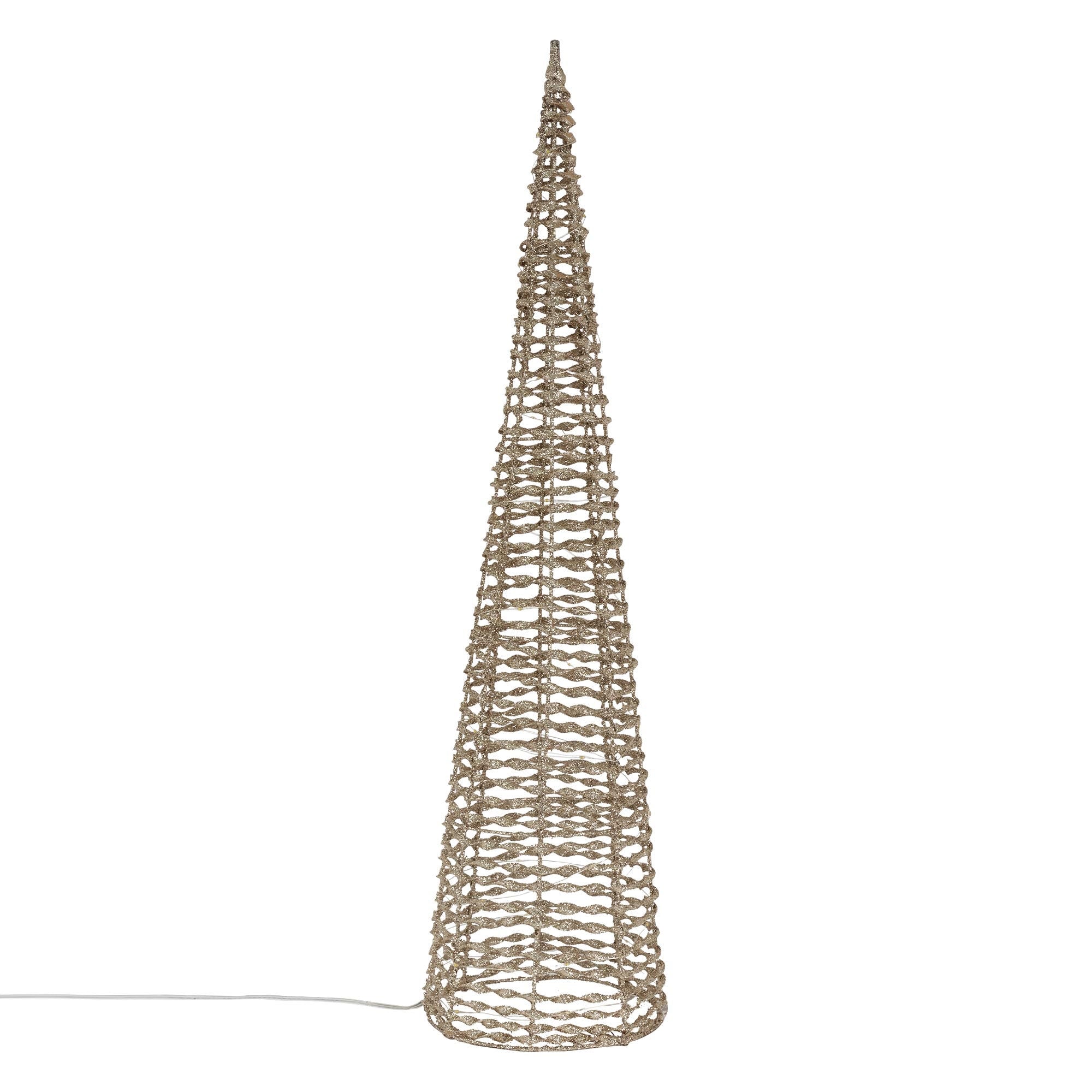Drahtgestell in Kegelform, beige, mit Kabel.