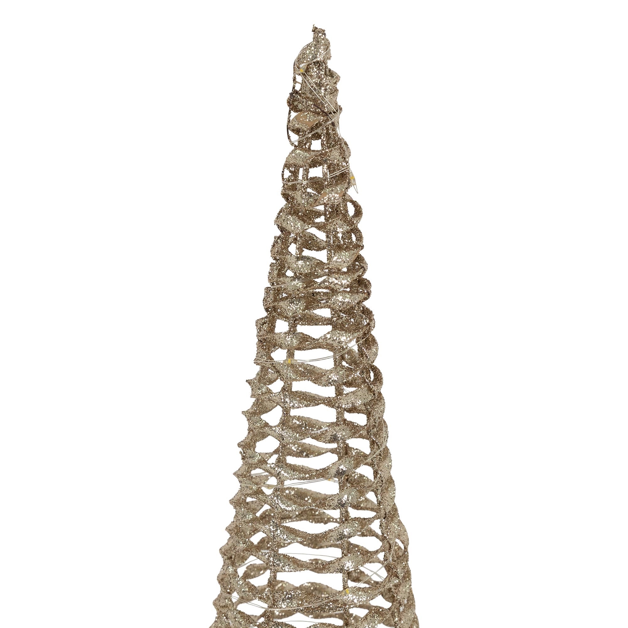 Dekorativer, goldfarbener Weihnachtsbaum aus Draht mit spiralförmigem Design.