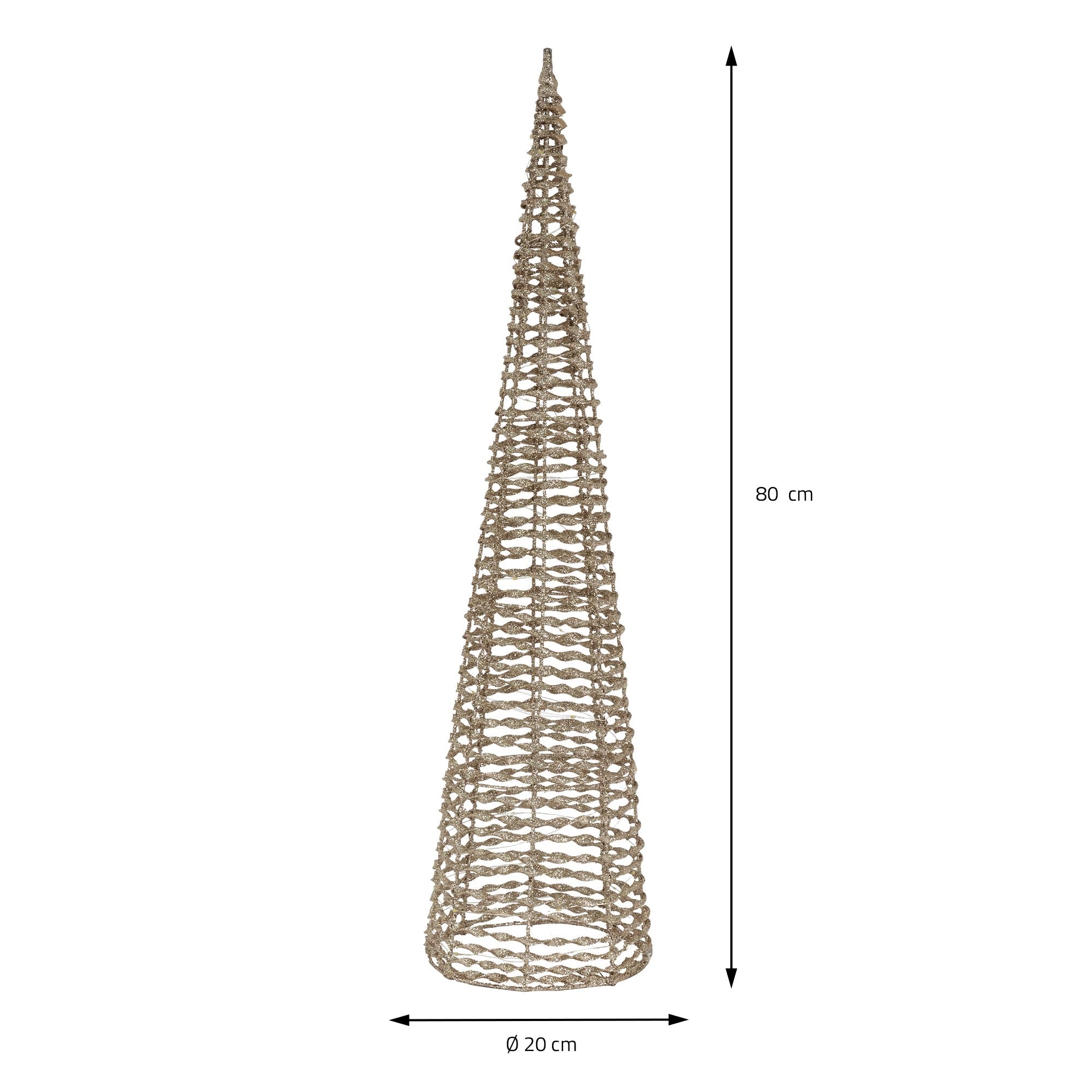 Cône en fil avec des dimensions, 80 cm de haut et 20 cm de diamètre.
