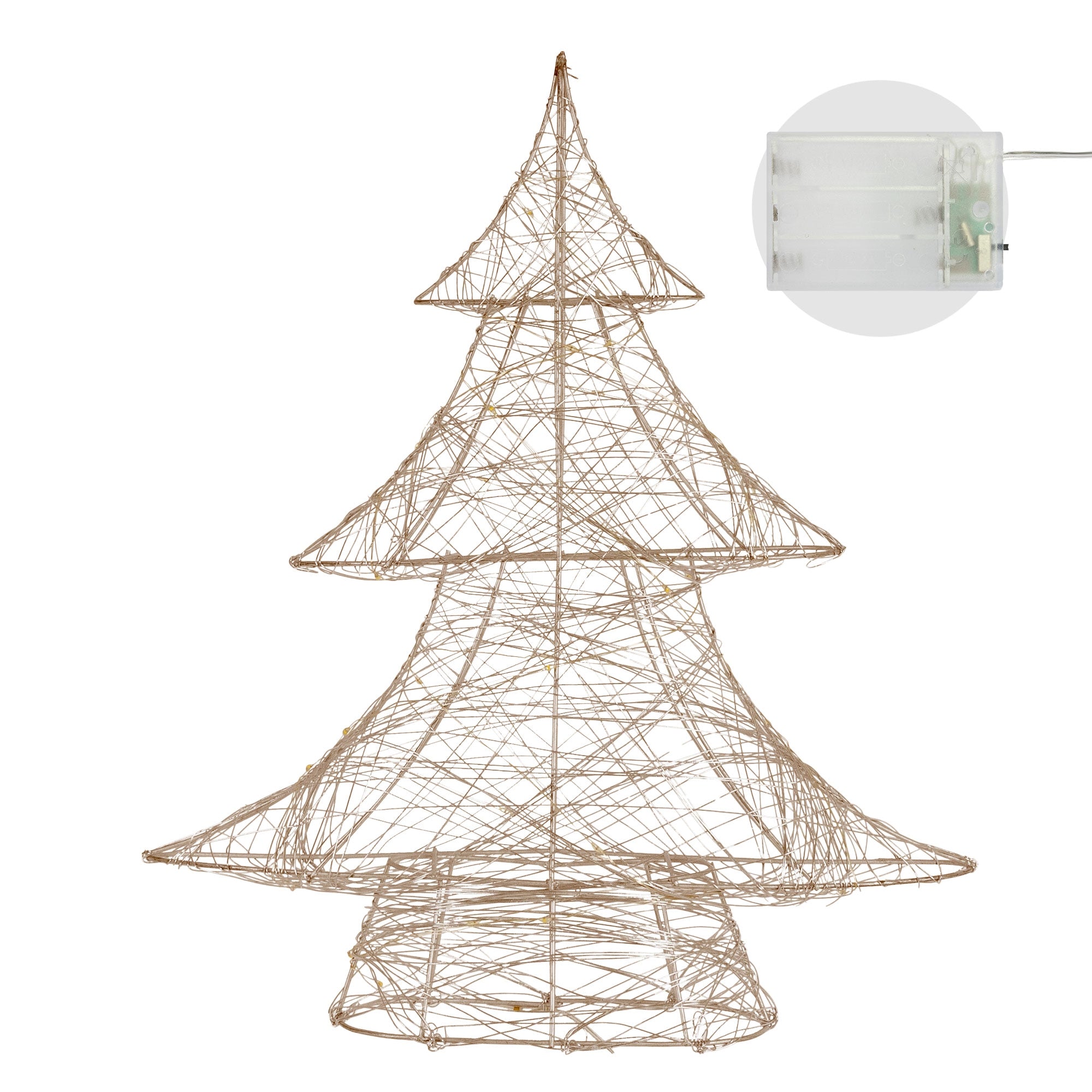 Ein unbeleuchteter Weihnachtsbaum aus Draht auf einem weißen Hintergrund.