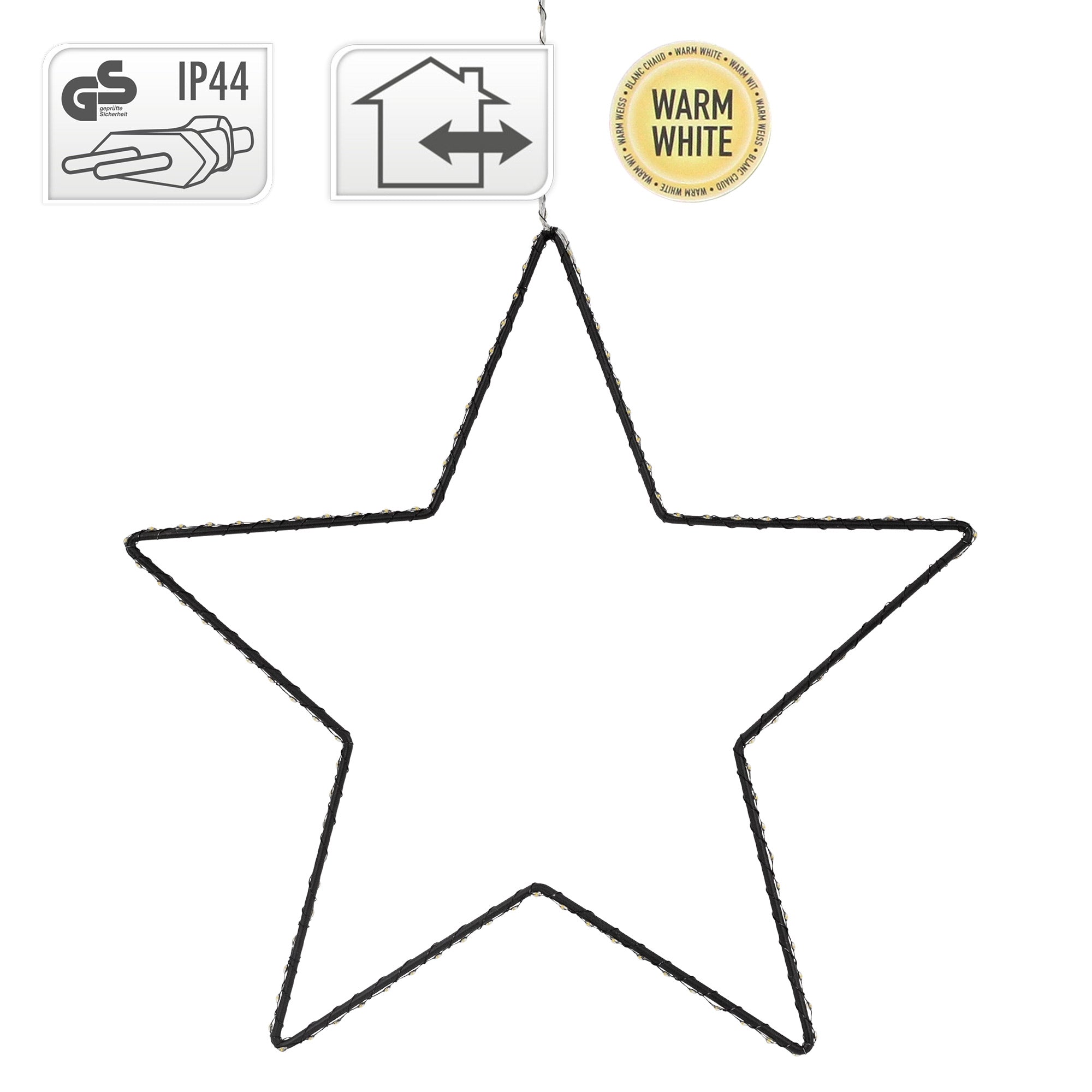 Černá drátěná hvězda obklopená symboly pro IP44 a teplé bílé světlo.