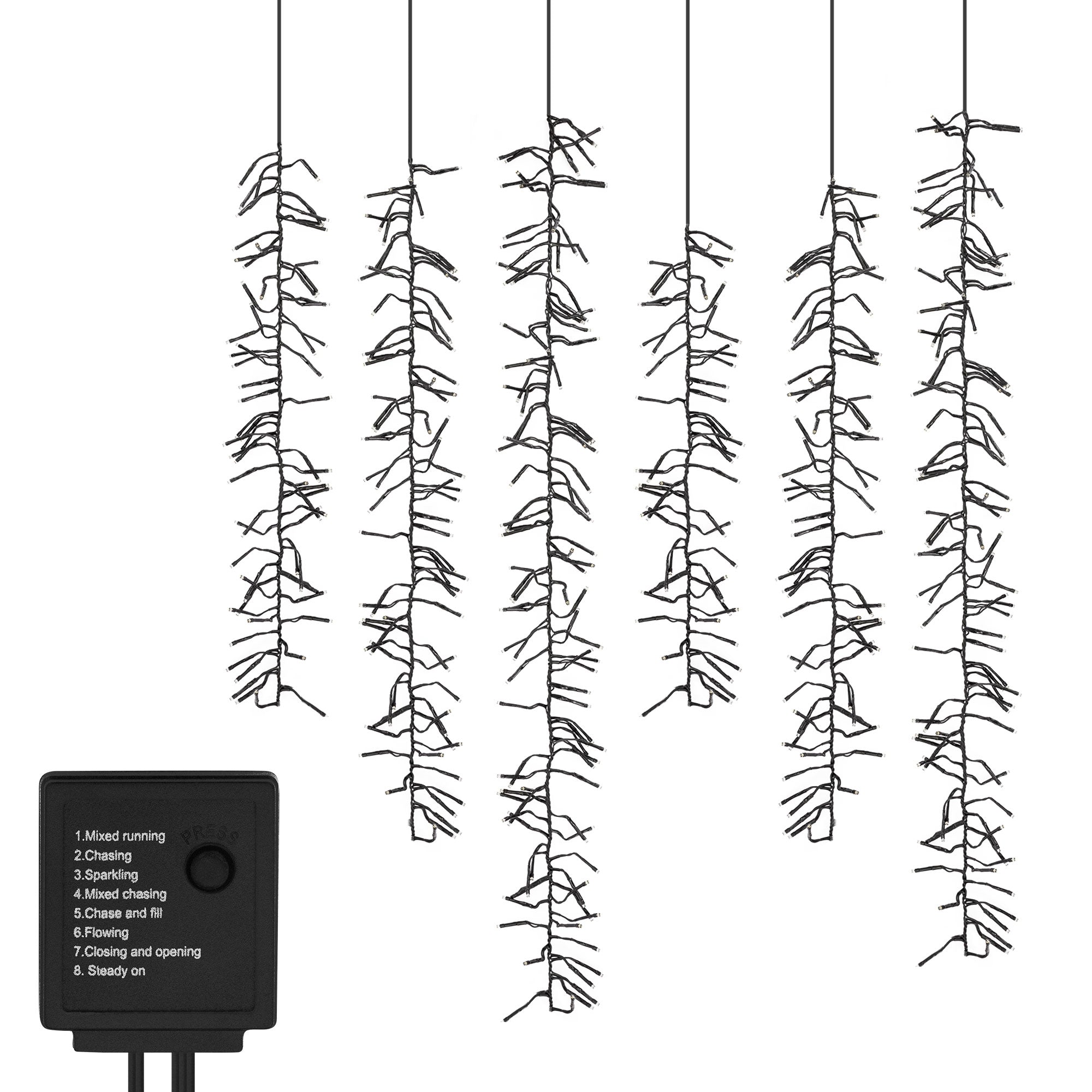LED-Lichtervorhang mit Steuergerät und verschiedenen Funktionen.