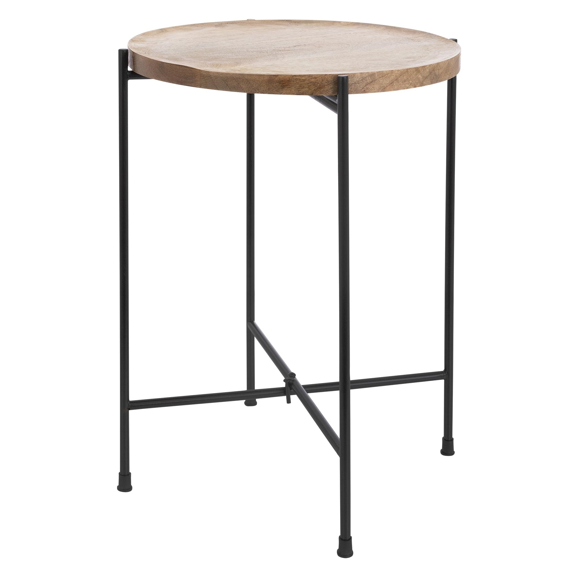Tavolo rotondo con piano in legno e gambe in metallo nero.
