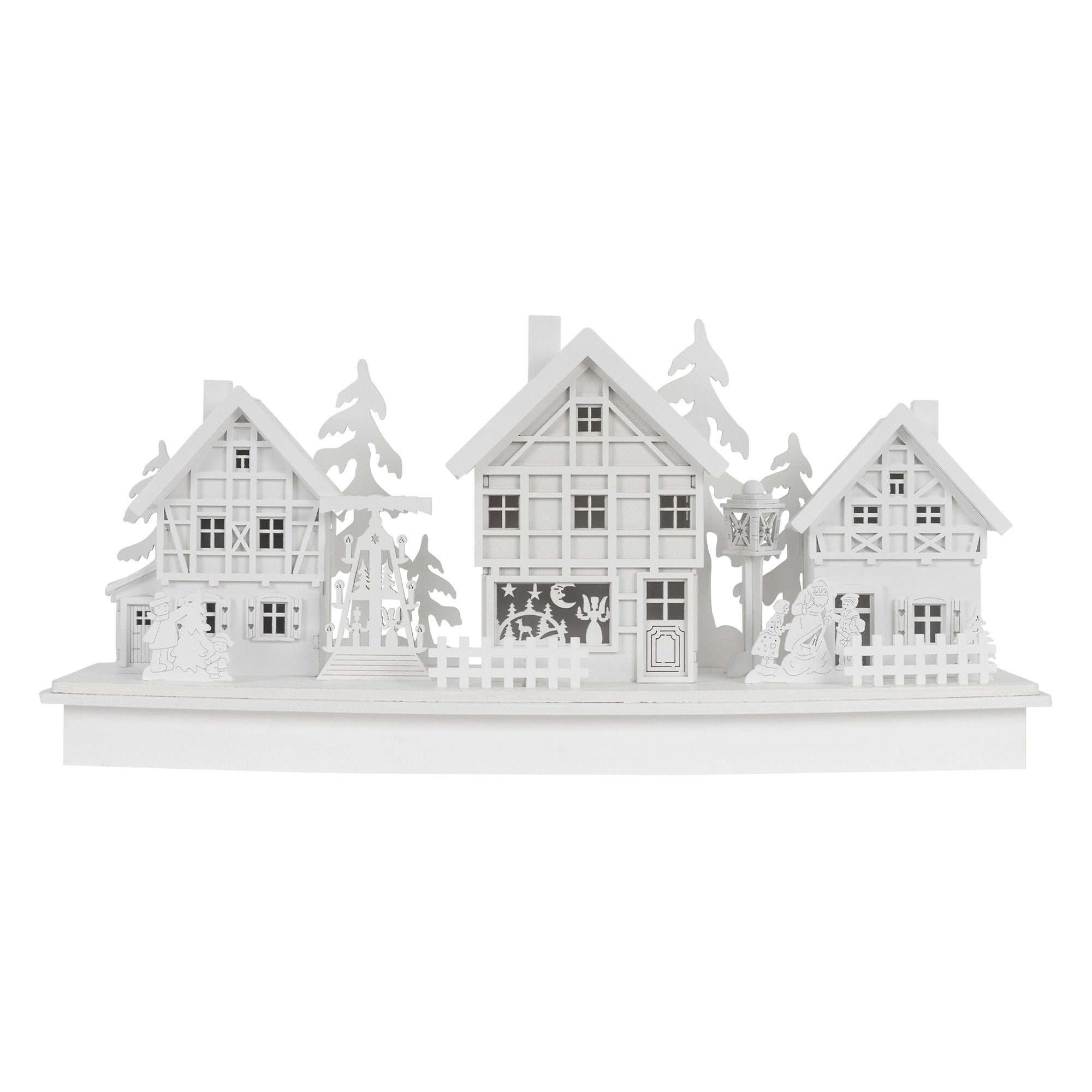 Drie witte, decoratieve huizen met bomen op een basis.