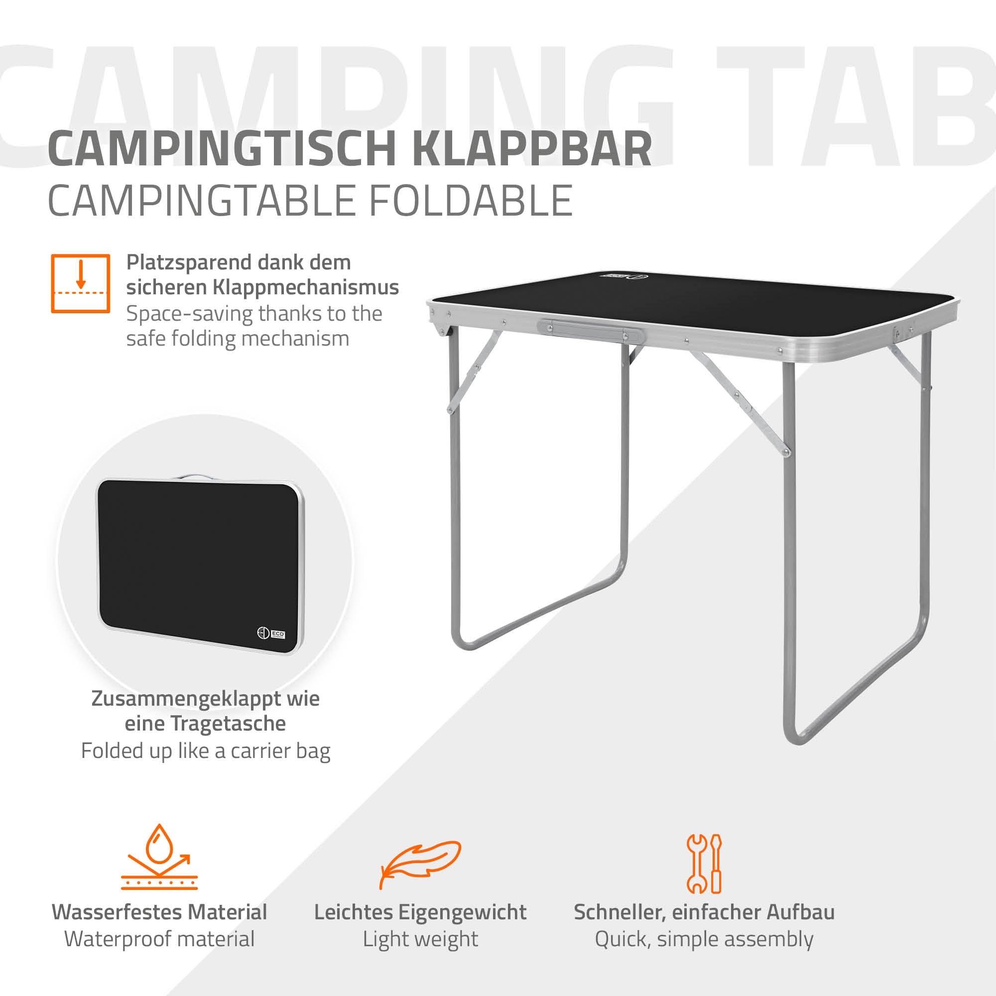 Sammenklappeligt campingbord i sort med bærefunktion og let vægt.