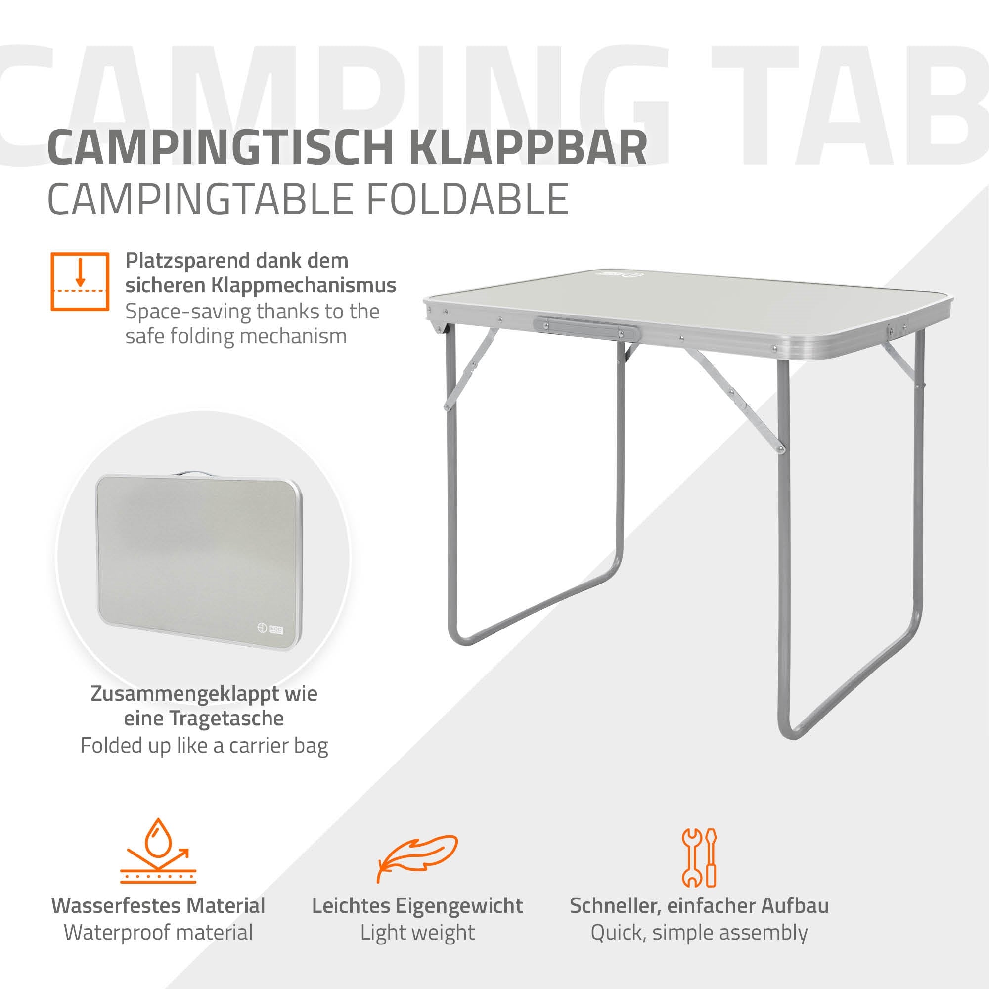 Mesa de camping plegable con función de transporte y material impermeable.