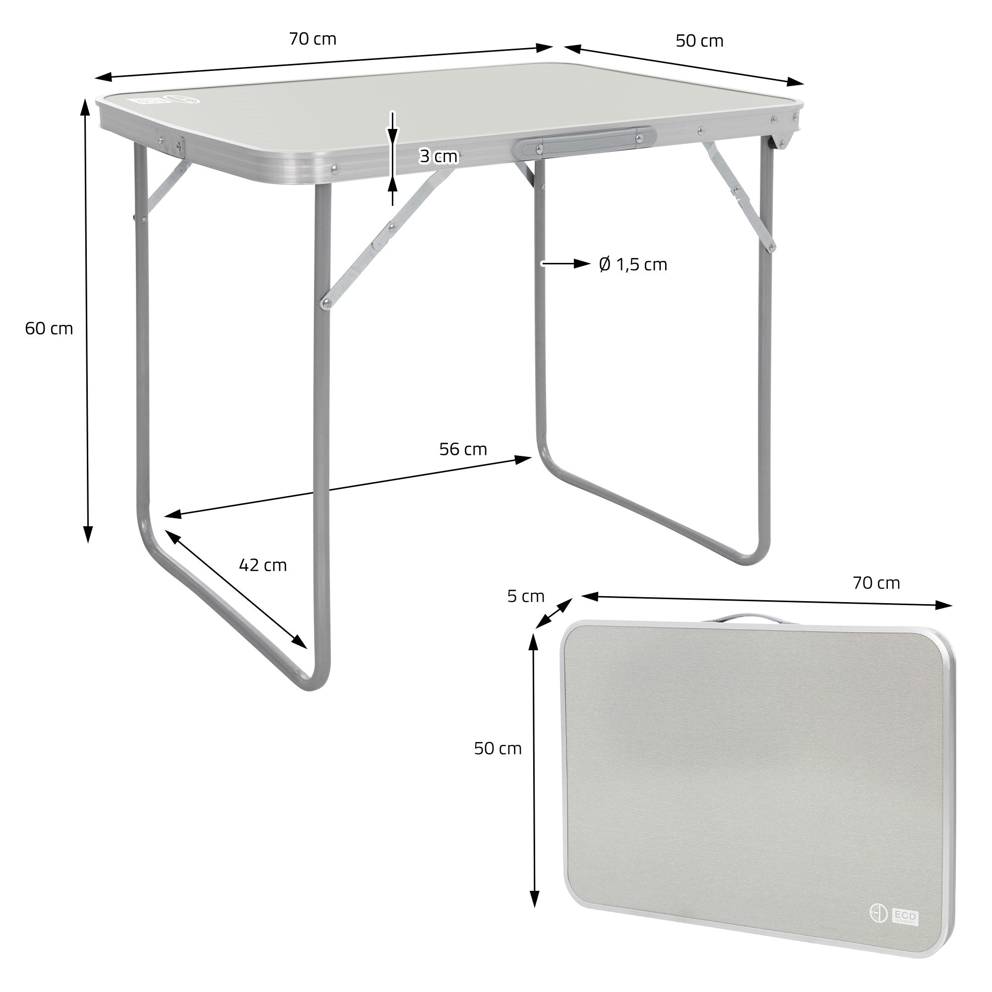 Mesa de camping plegable con medidas y estado plegado.