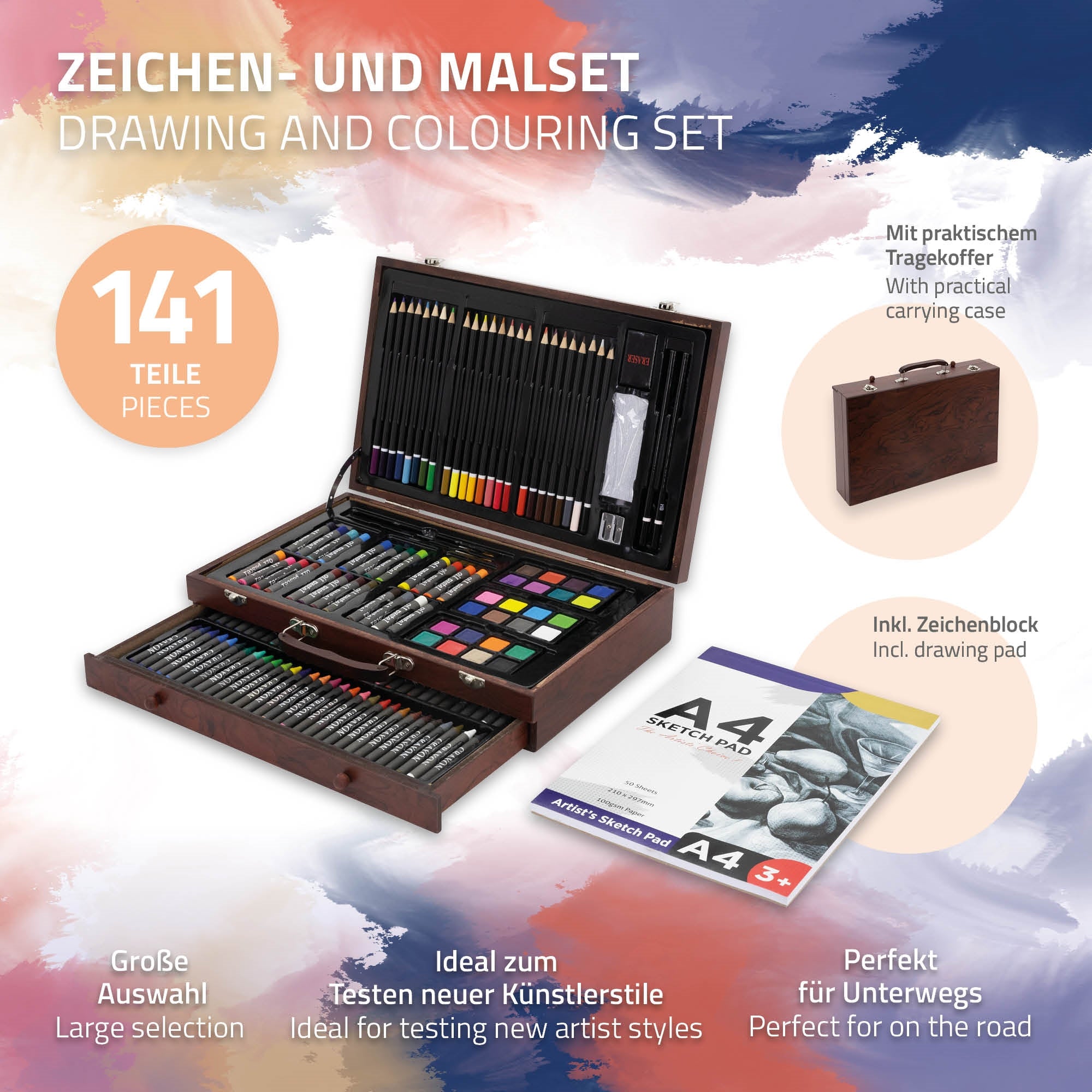 Holzkasten mit 141 Zeichen- und Malutensilien, geöffnet, inklusive Zeichenblock.