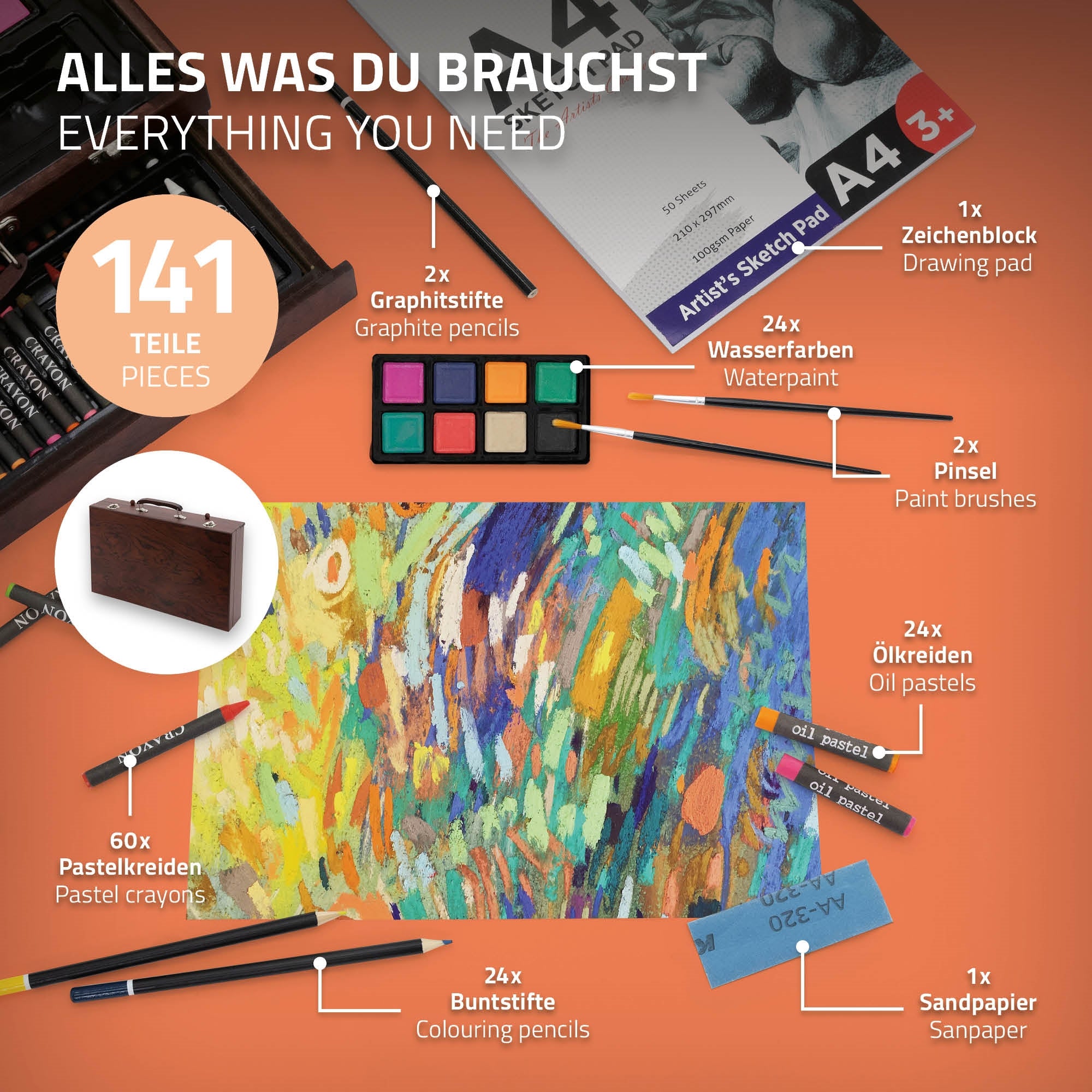 Eine Übersicht von Kunstmaterialien, darunter Stifte und ein Zeichenblock.