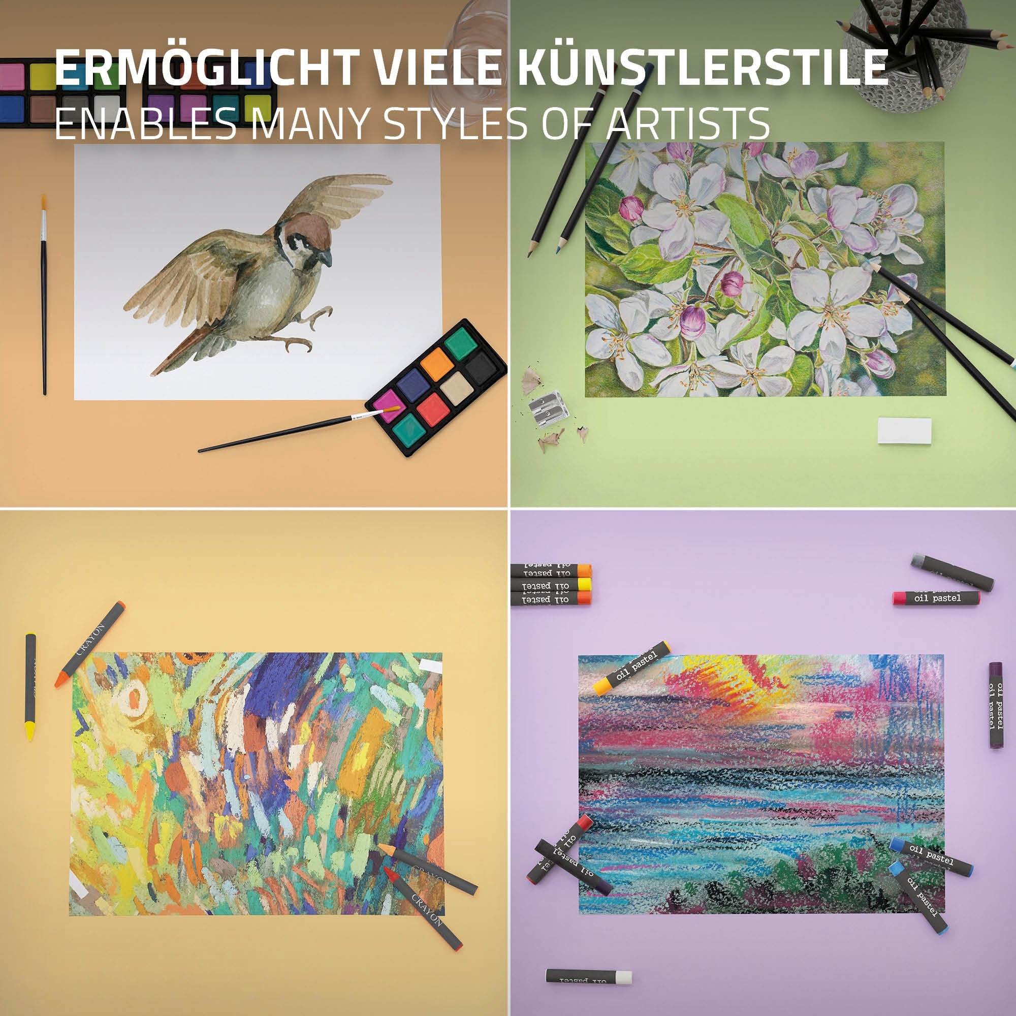 Verschiedene Kunstwerke auf einem Tisch, umgeben von Malutensilien.