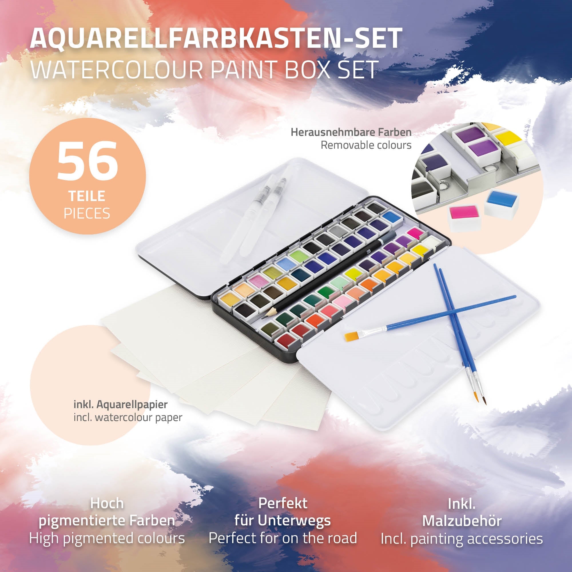 Watercolor paint set with 56 pieces, including watercolor paper and brushes.