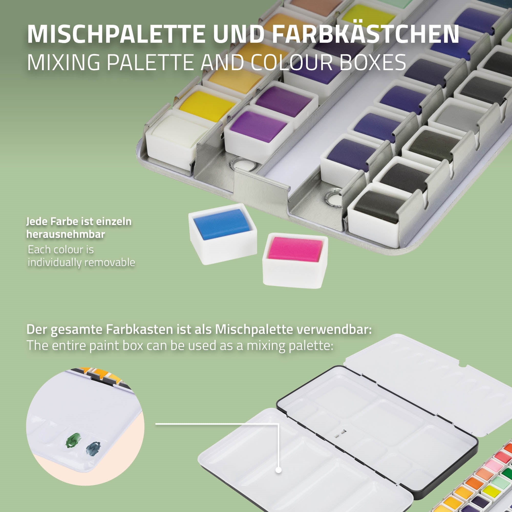 Tavolozza di miscelazione con scatola di colori estraibile e vari colori.