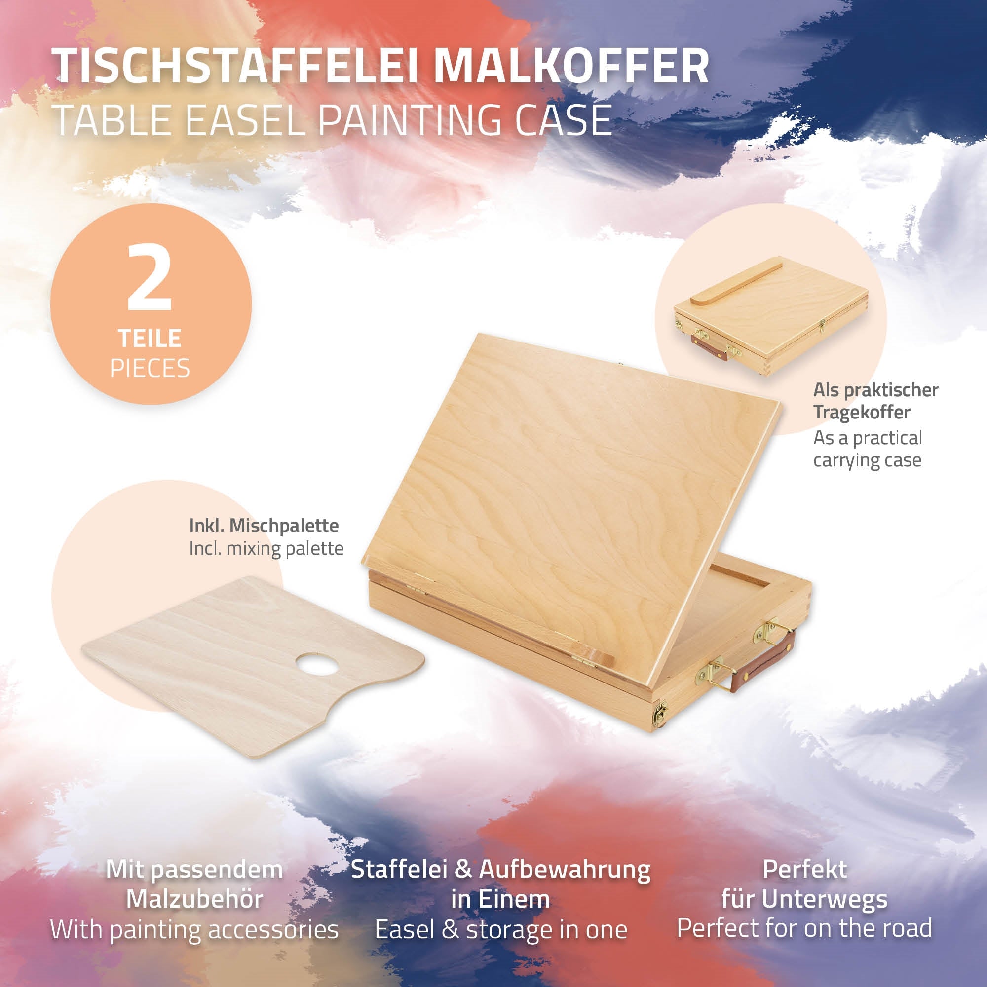Image of a table easel painting case with palette and accessories.