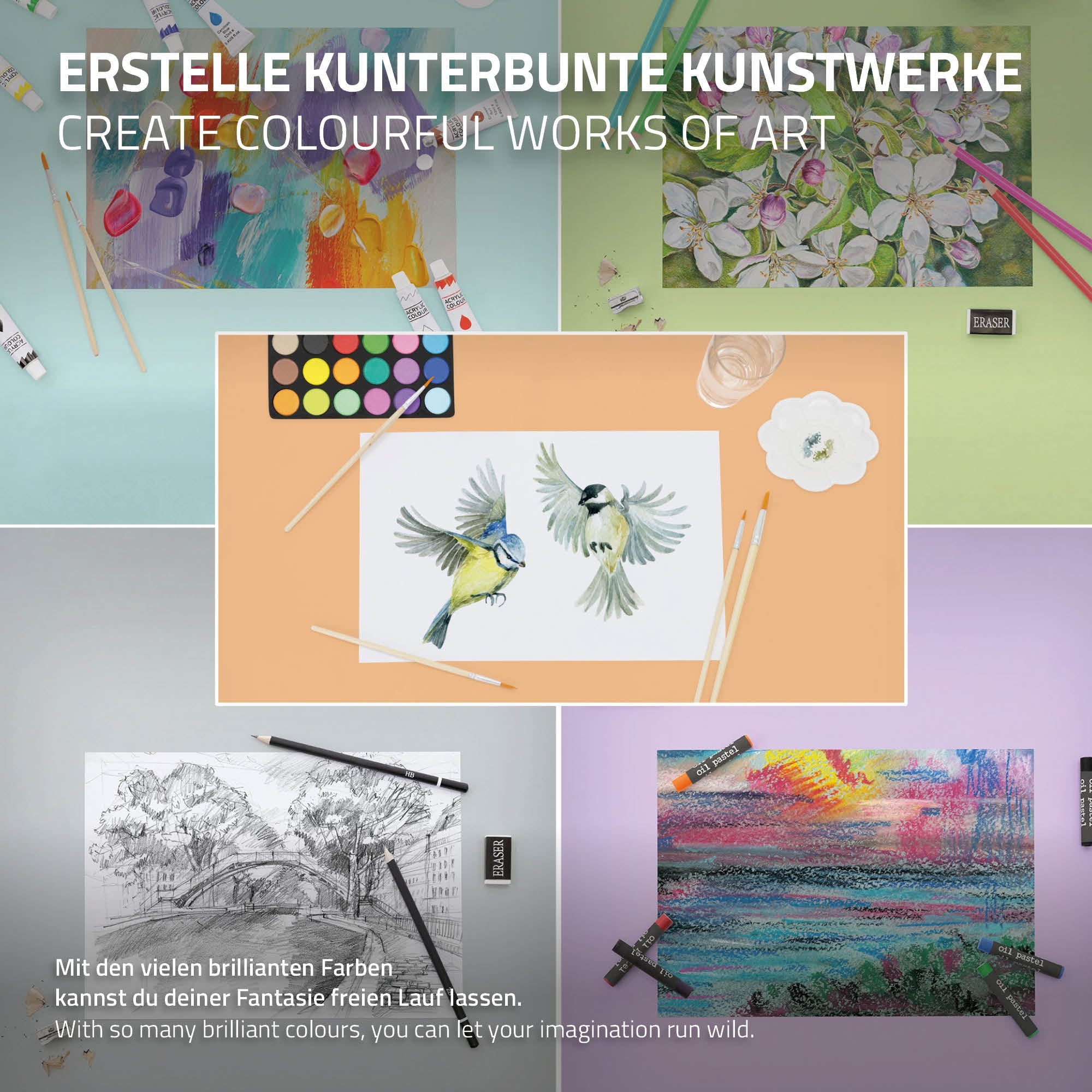 Opere d'arte colorate su un tavolo con colori, pennelli e disegni.