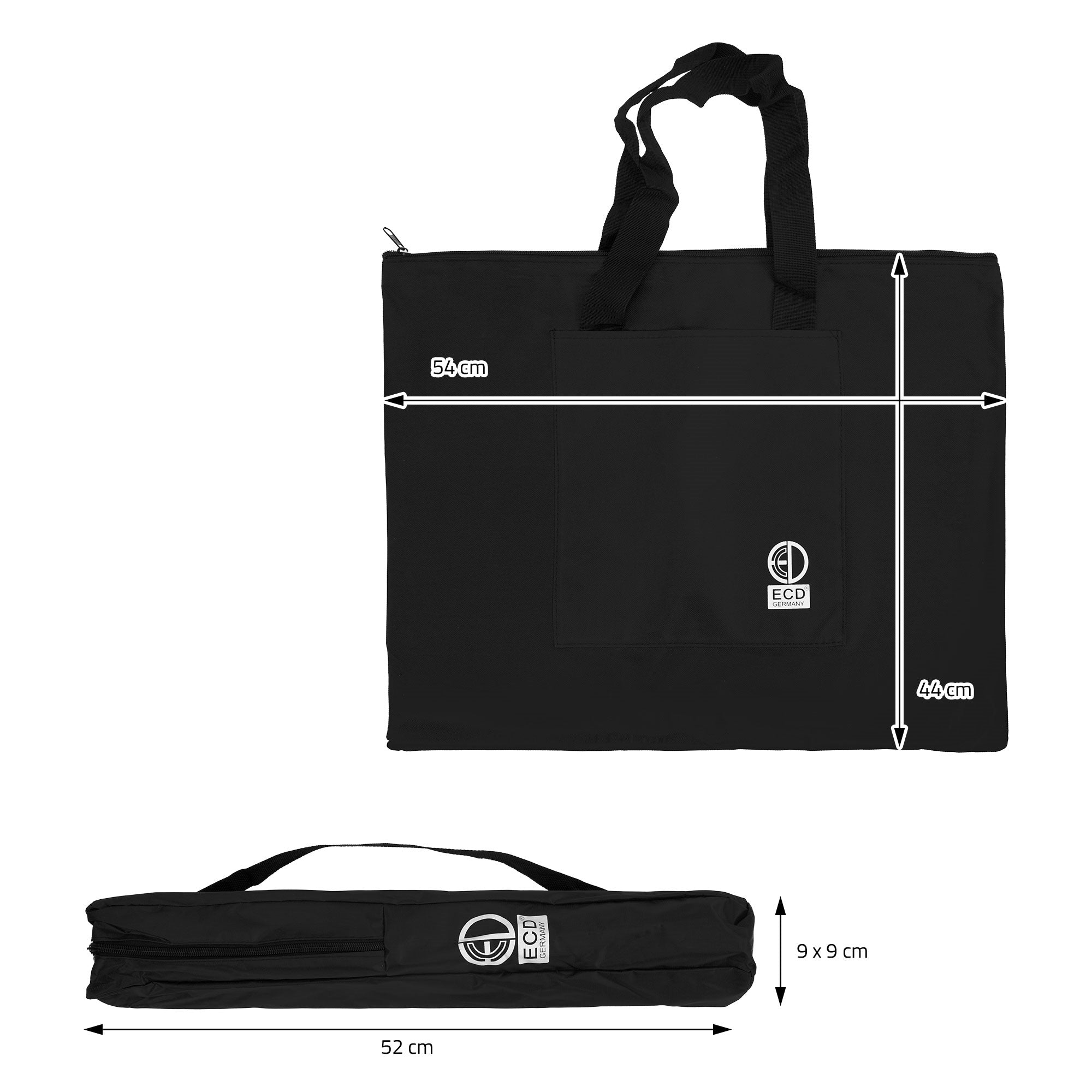 Borsa nera con misure e due manici.