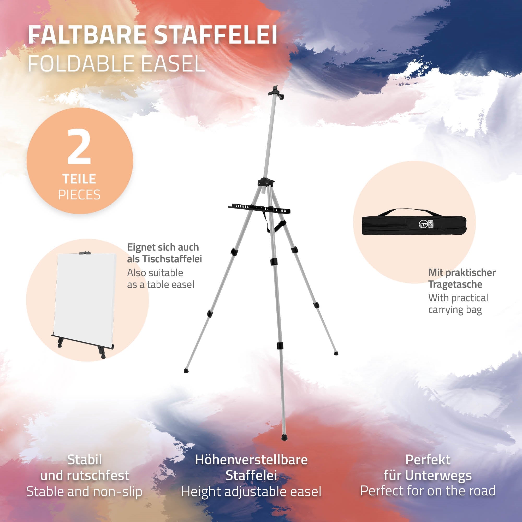 Foldable easel with two parts and practical carrying case.