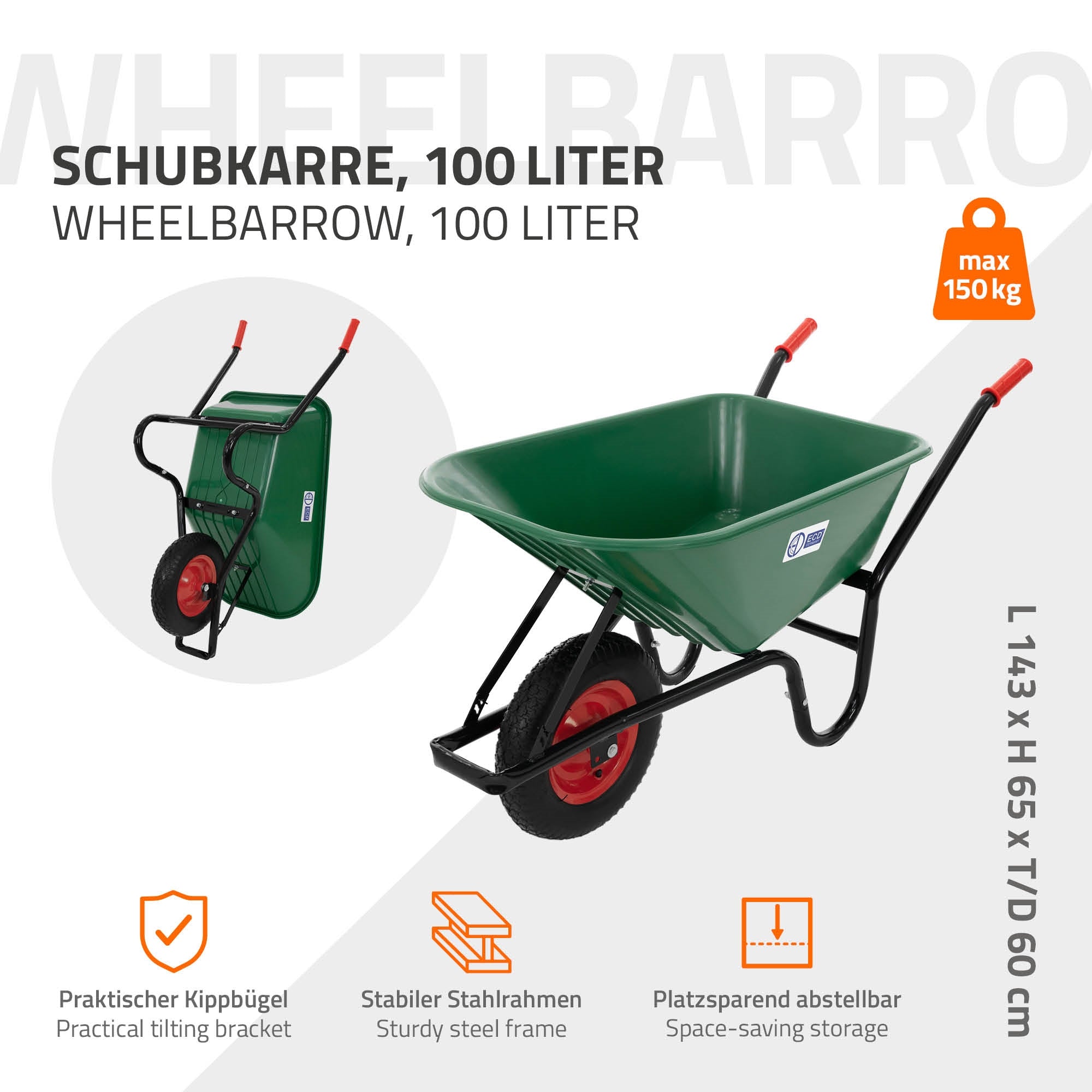 Grüne Schubkarre mit stabilen Stahlrahmen, 100 Liter, max. 150 kg.