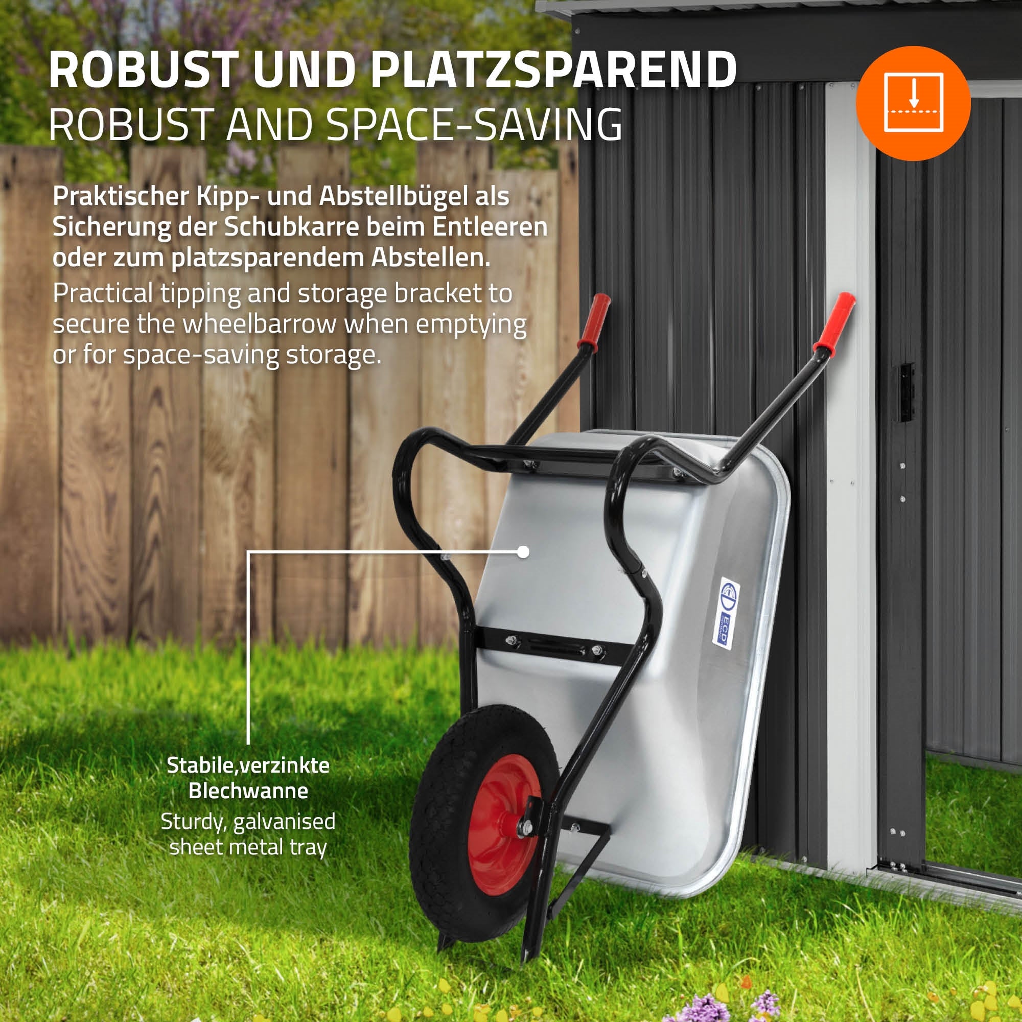 Schubkarre mit stabilen Griffen und einem stabilen, verzinkten Blech