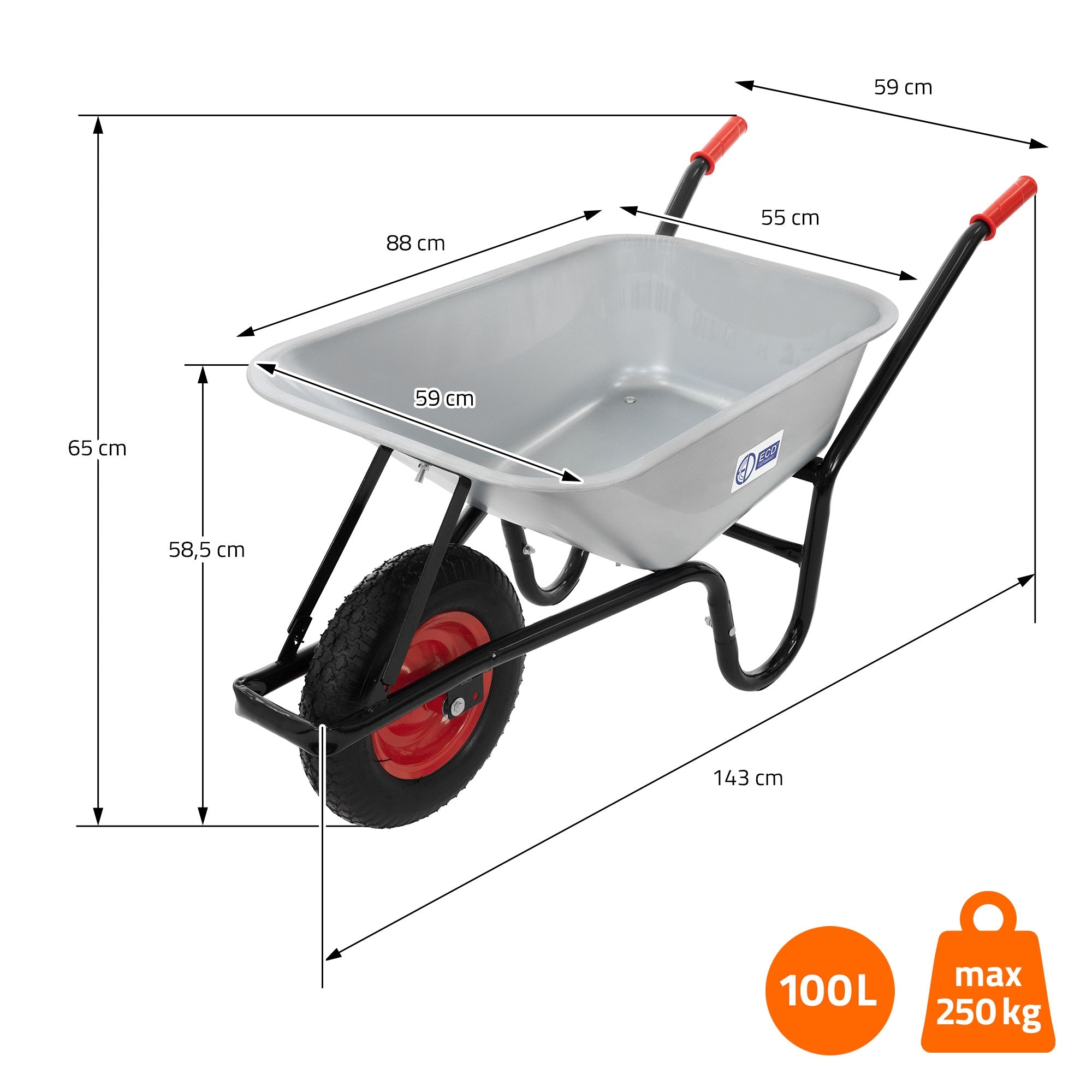 Schubkarre mit Abmessungen: 100L Volumen, 250 kg max. Tragkraft, Maß