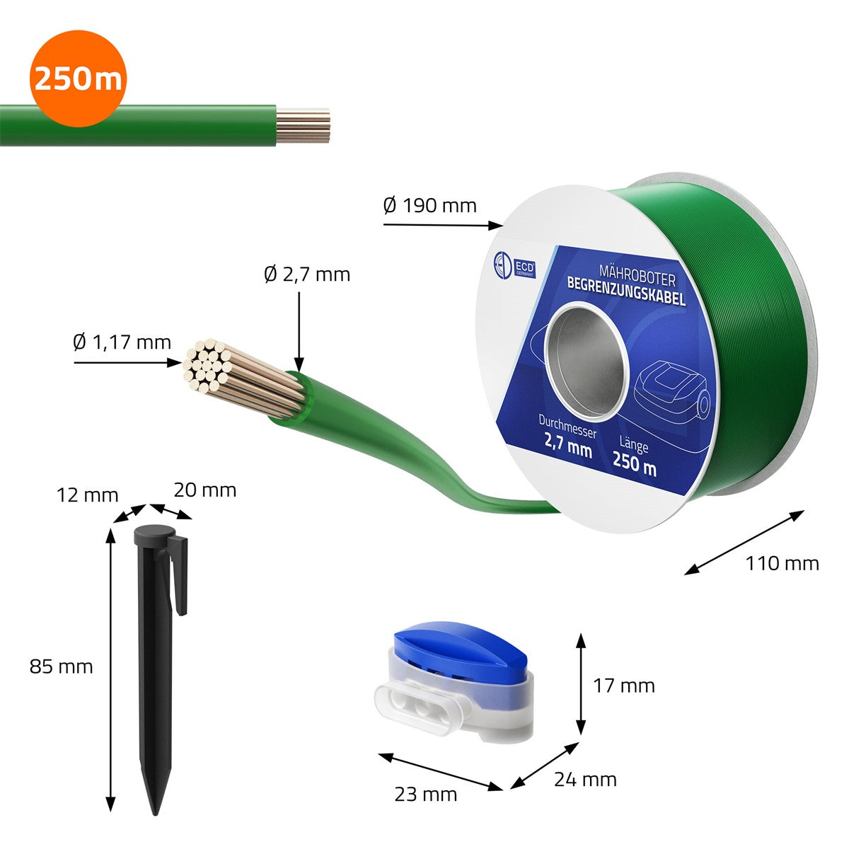 Een rol groene begrenzingskabel met accessoires.