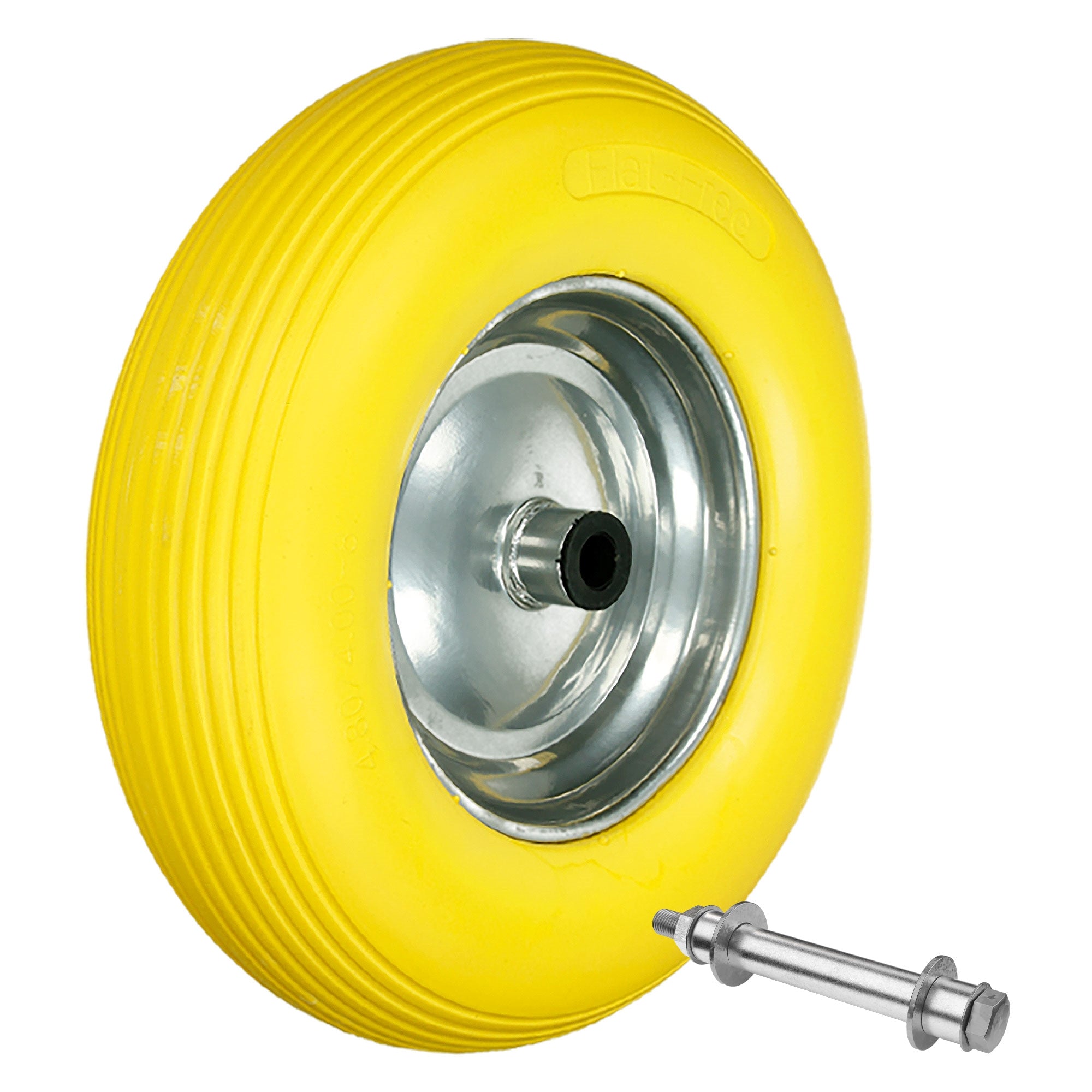 Gelbes Rad mit Metallfelge und Achse auf weißem Hintergrund.