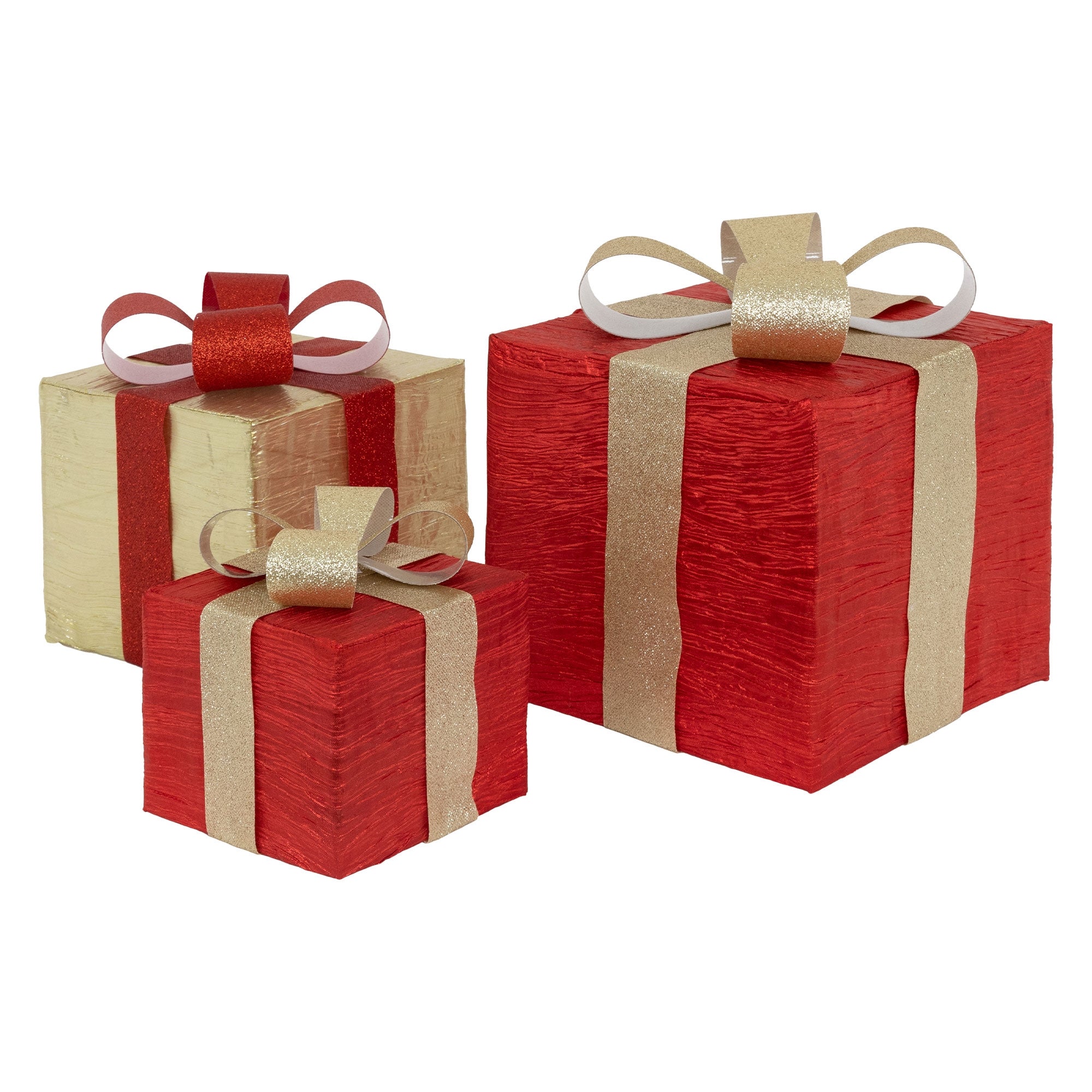 Three gift packages in red and gold with ribbons.