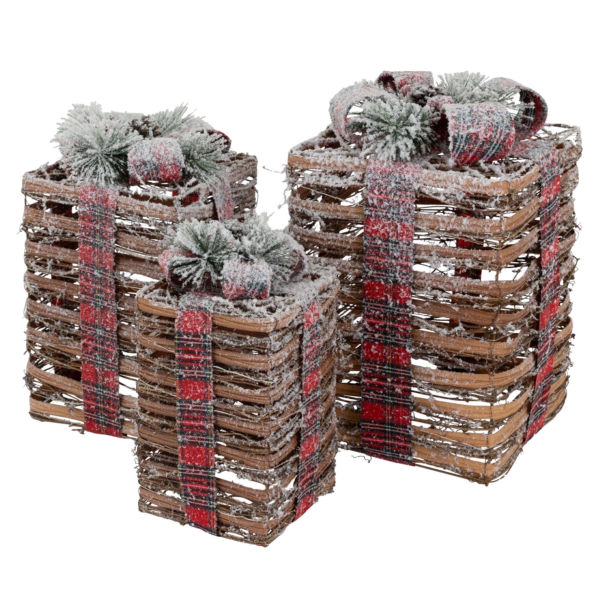 Three decorative gift baskets with snow and red ribbons.