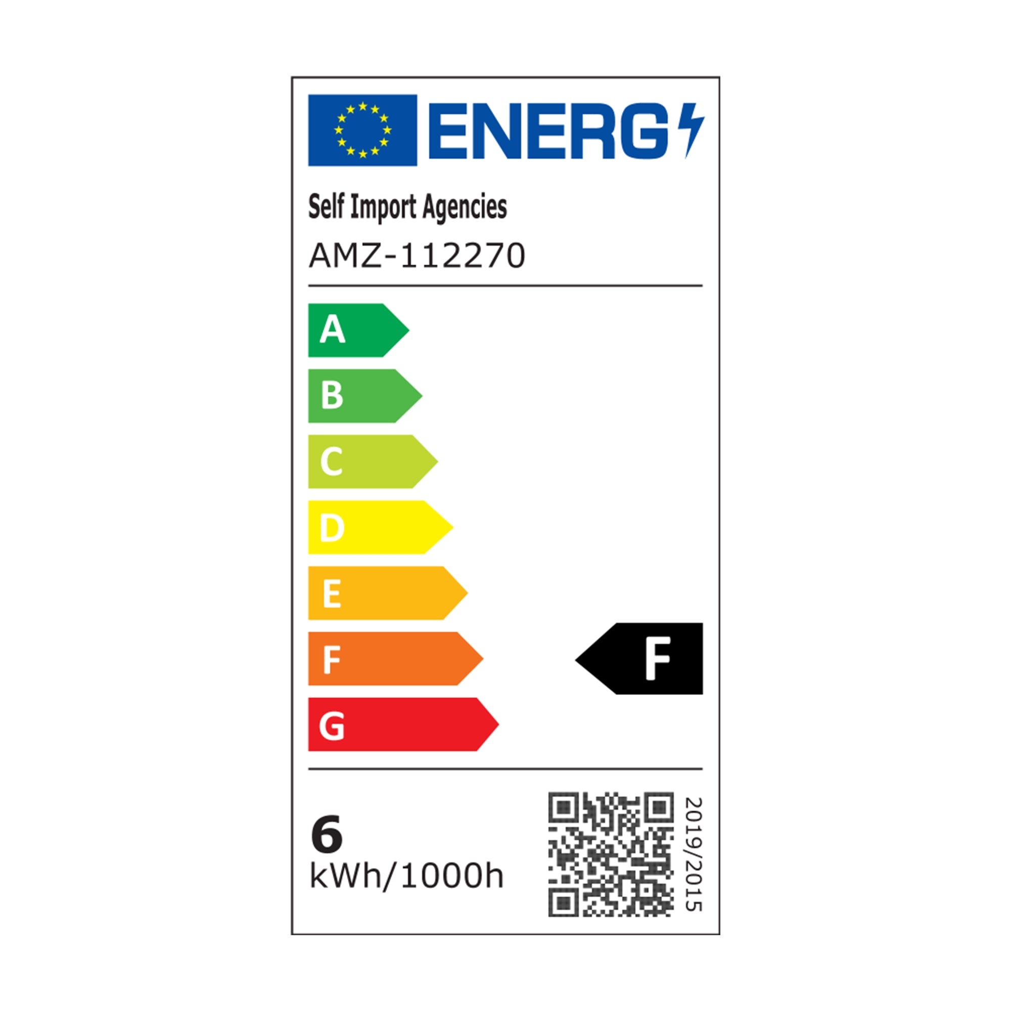 Energieeffektivitetsetikette med skala fra A til G, mærkning F.