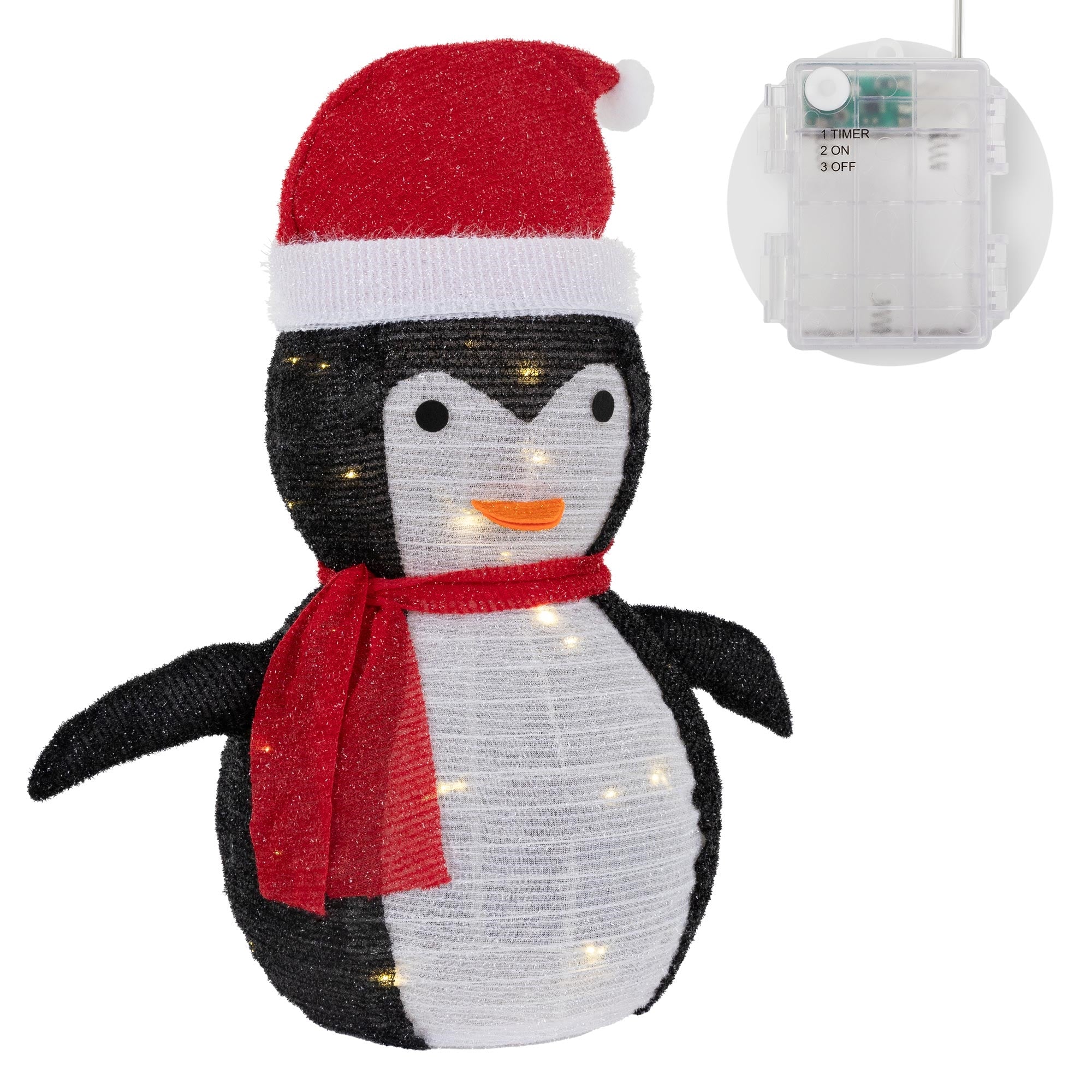 Pingviini punaisella hatulla, huivilla ja valaistuksella, valkoisella taustalla.