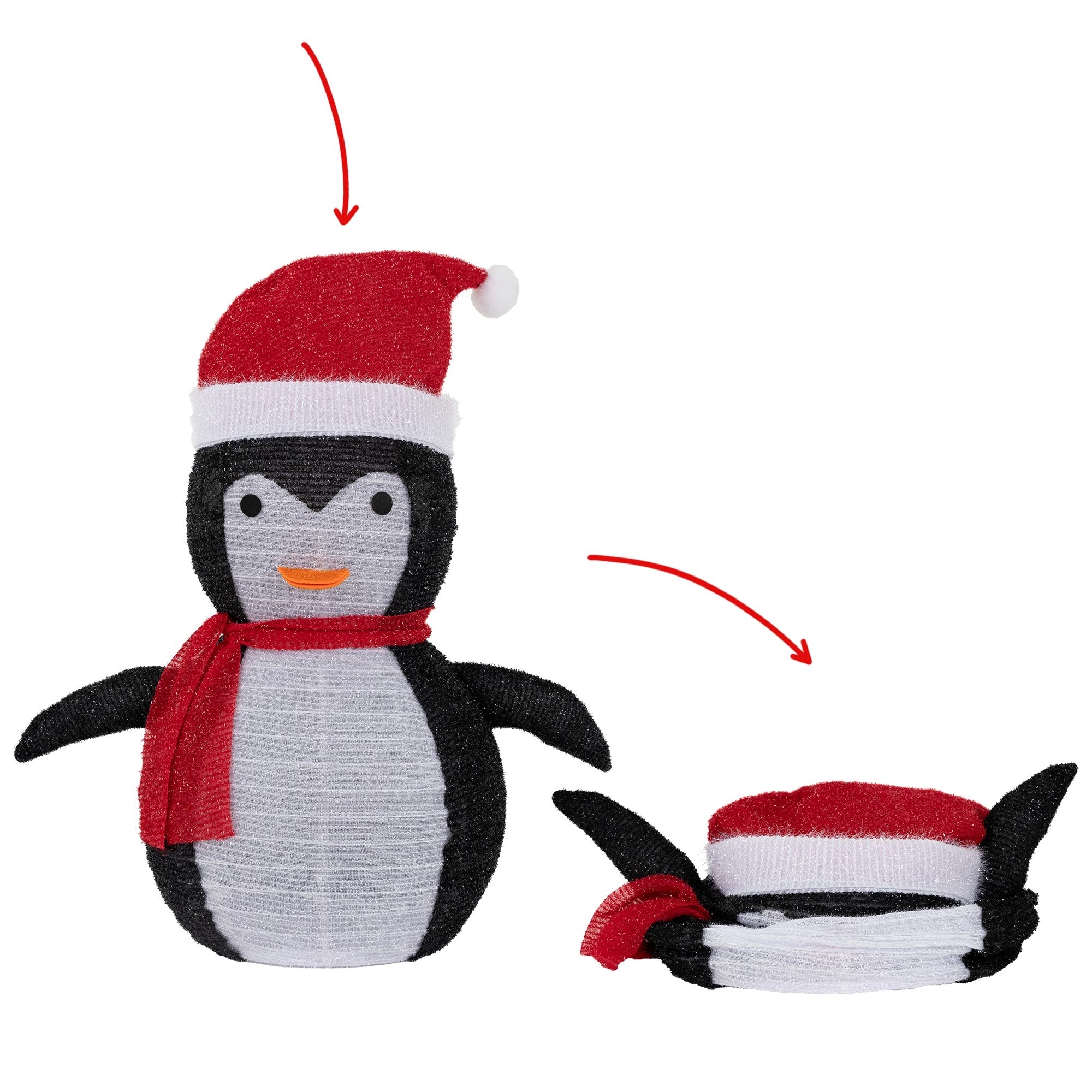 Dekoratiivinen pingviini punaisella hatulla ja huivilla, joka voidaan taittaa.