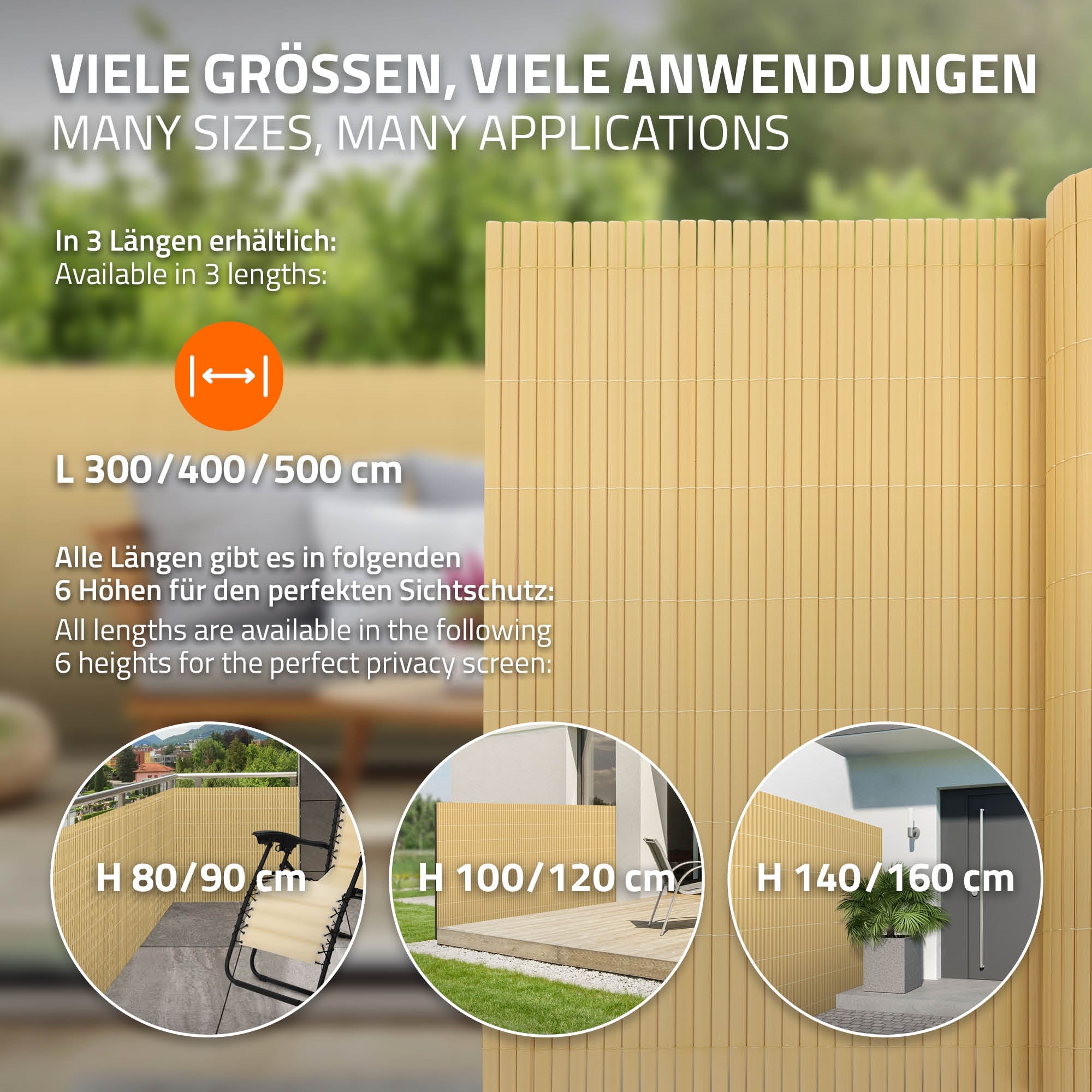 Informationen zu verschiedenen Größen und Anwendungen von Sichtschutz.