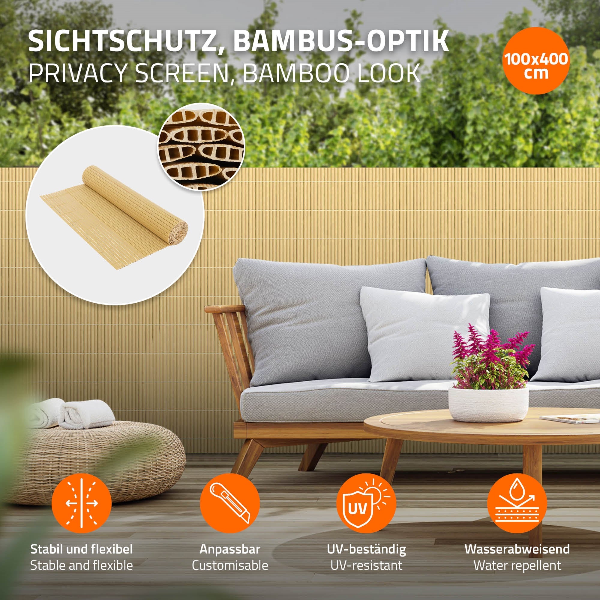 Sichtschutz in Bambus-Optik, 100x400 cm, mit flexiblen und anpassbaren Eigenschaften.