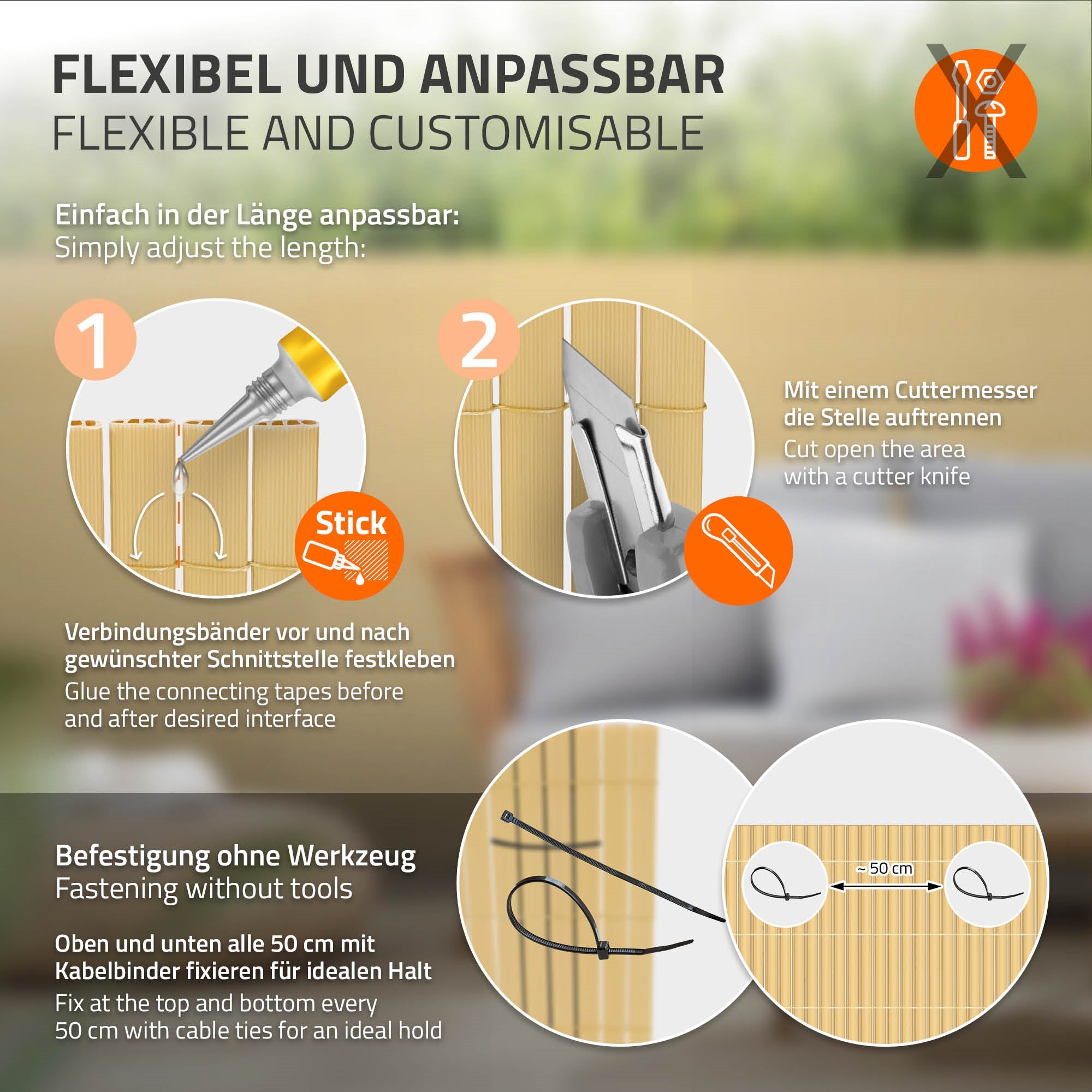 Grafik mit Anweisungen zur Anpassung eines Sichtschutzzauns ohne Werkzeuge.
