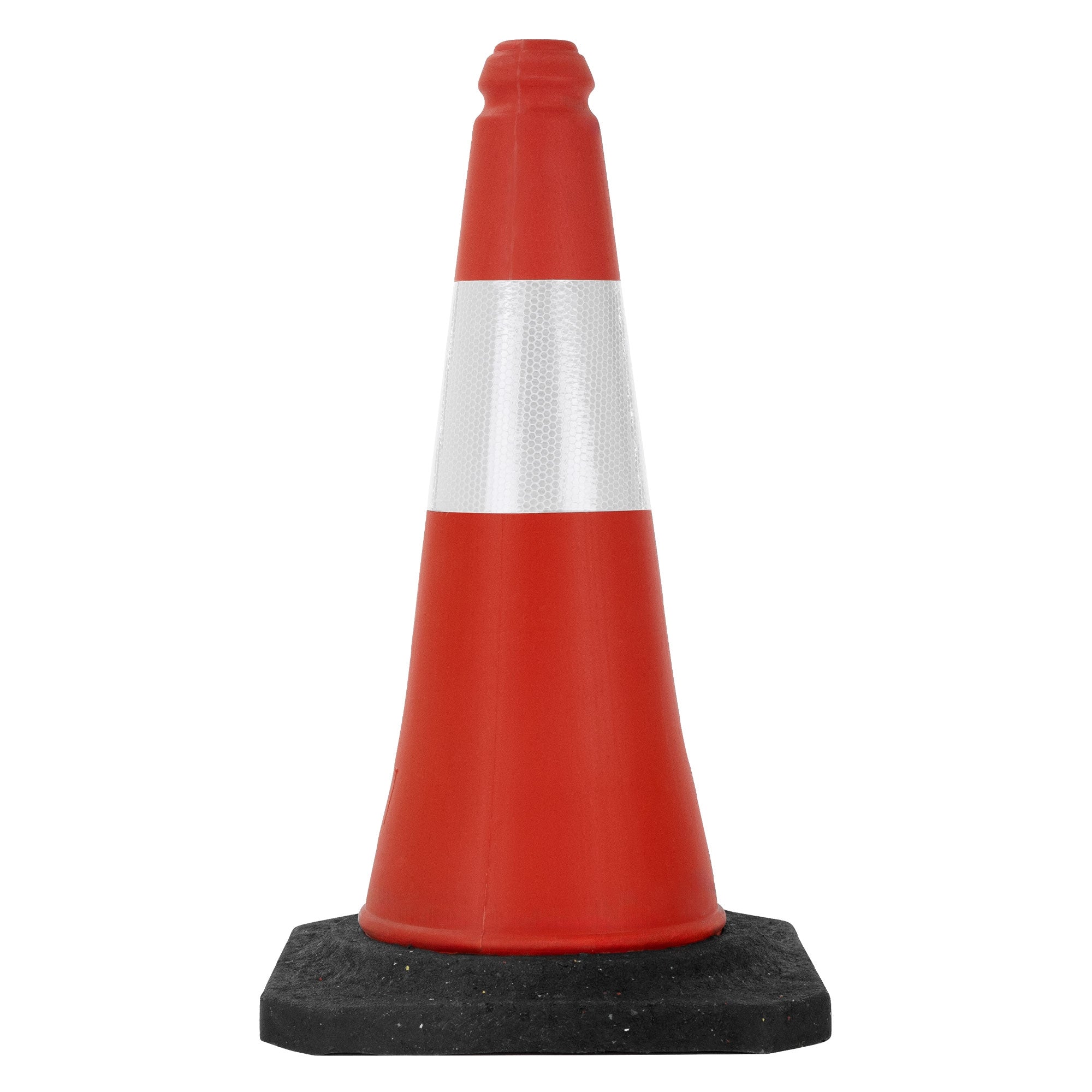 Cono stradale rosso con striscia bianca al centro su base nera.