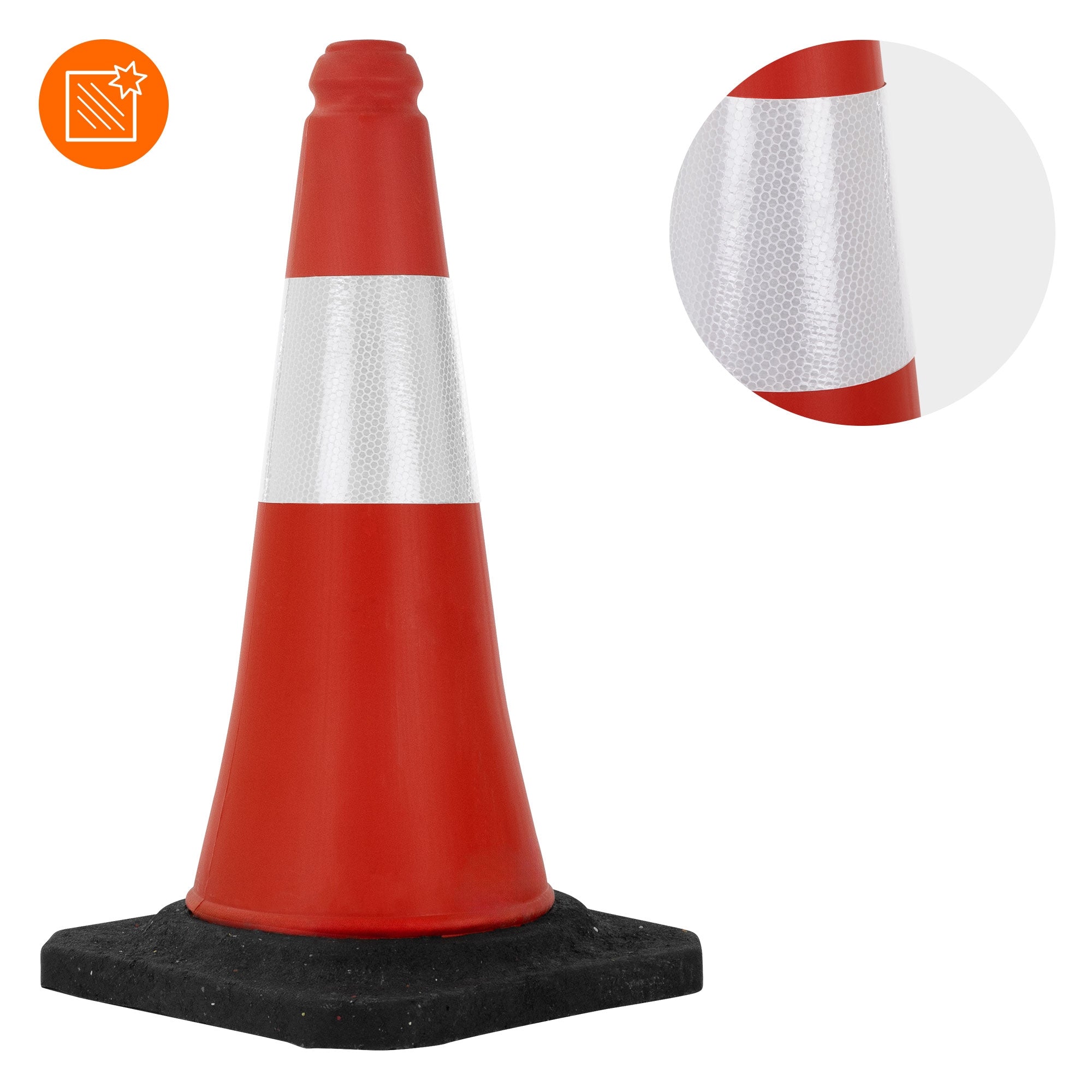 Cono stradale rosso con striscia riflettente, su sfondo nero.